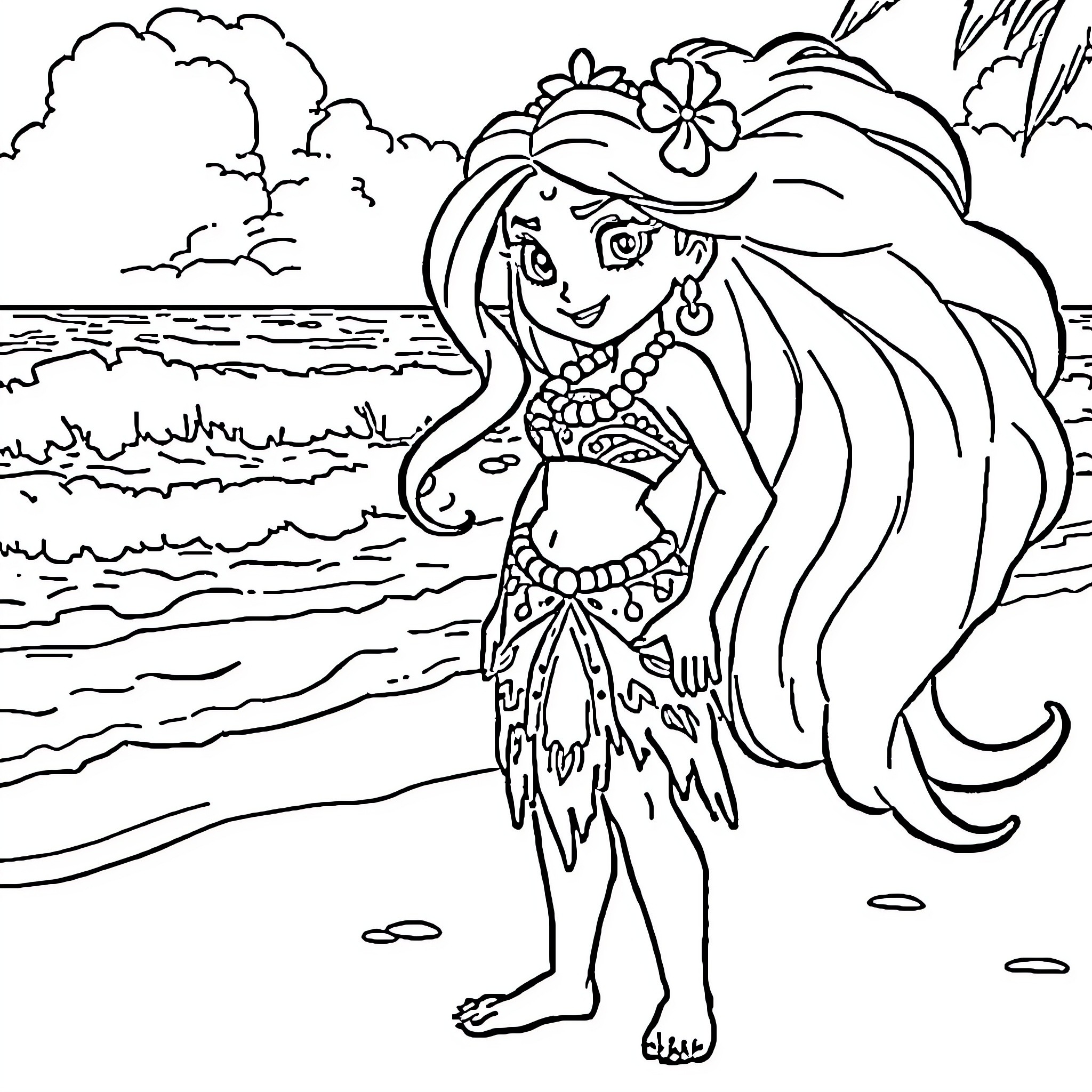 Vaiana enjoying the beach with tropical scenery Coloring Page (free black-and-white line drawing printable PDF for all, from beginners to advanced learners, including children, teens, adults, and seniors)