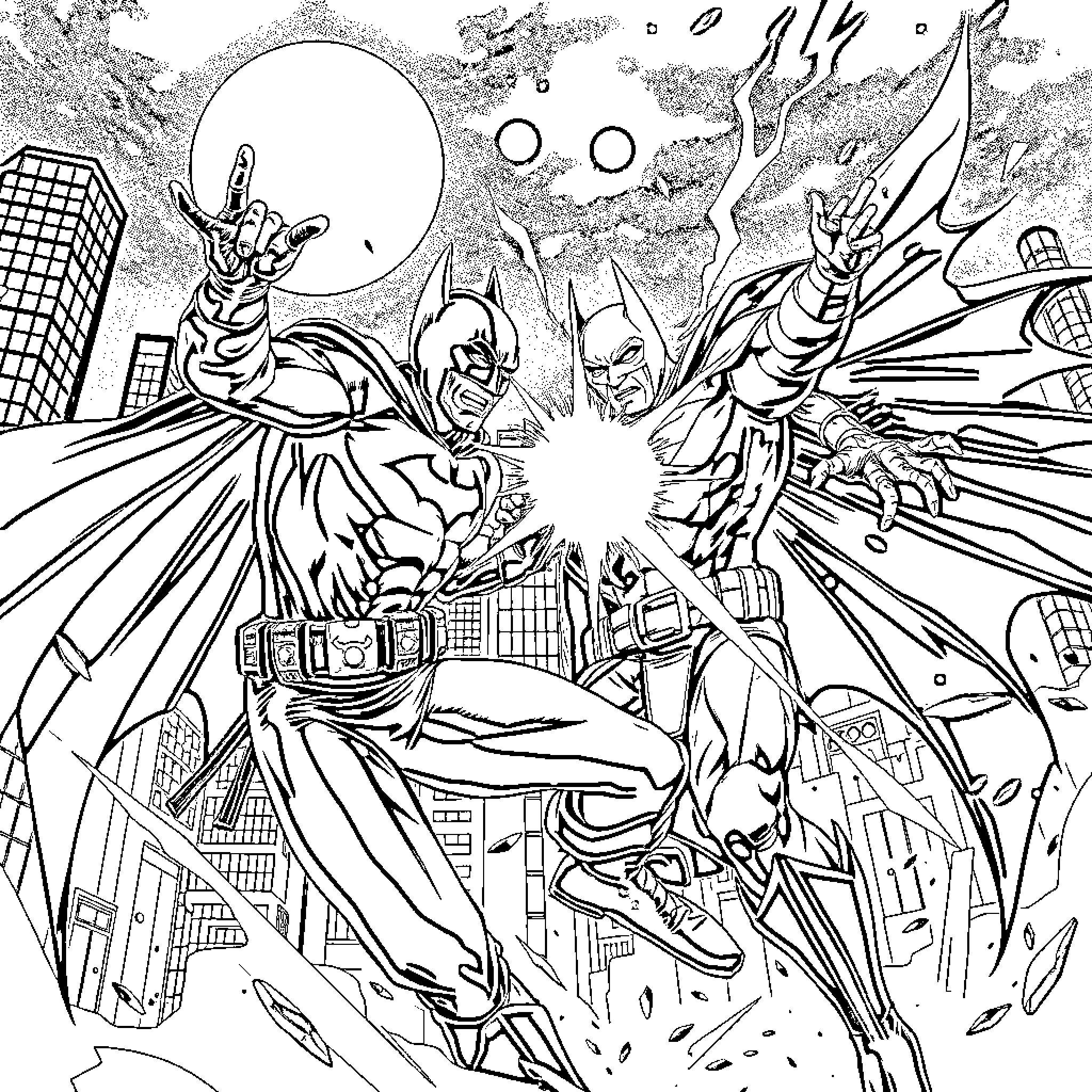 Tung Tung Sahura - Superheroes Battling in the City Coloring Page (free black-and-white line drawing printable PDF for all, from beginners to advanced learners, including children, teens, adults, and seniors)