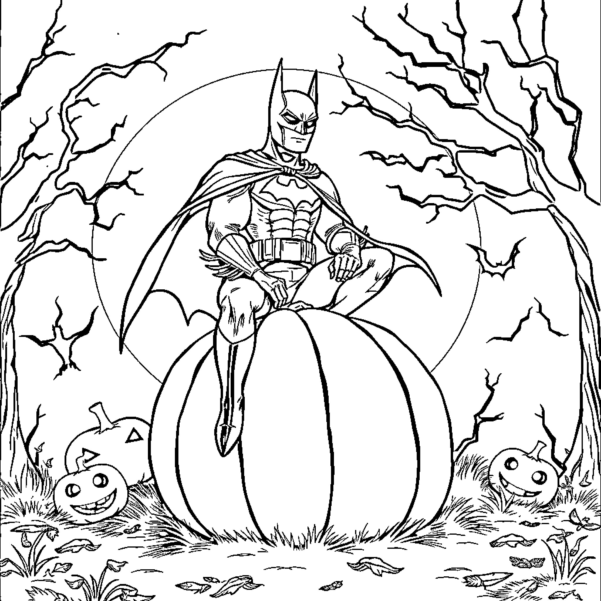 Batman standing guard on a carved pumpkin in a spooky forest Coloring Page (free black-and-white line drawing printable PDF for all, from beginners to advanced learners, including children, teens, adults, and seniors)