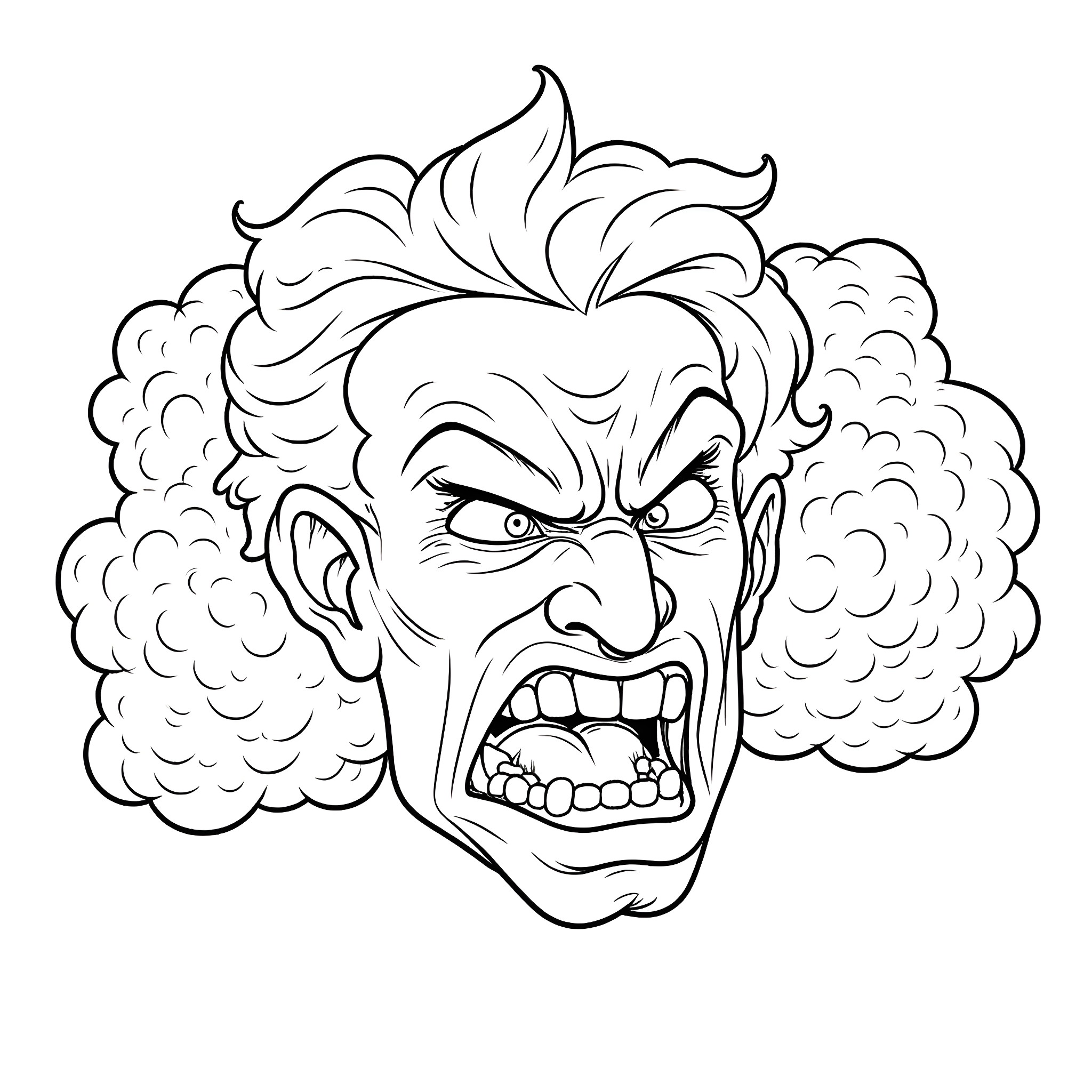 Face of an angry and growling man Coloring Page (free black-and-white line drawing printable PDF for all, from beginners to advanced learners, including children, teens, adults, and seniors)