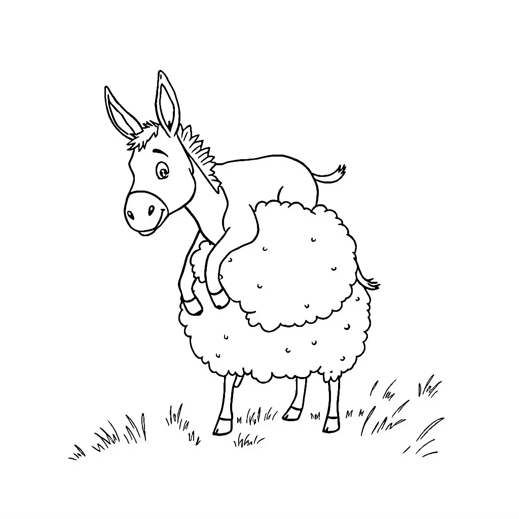 Donkey on a Fluffy Sheep Coloring Page (free black-and-white line drawing printable PDF for all, from beginners to advanced learners, including children, teens, adults, and seniors)