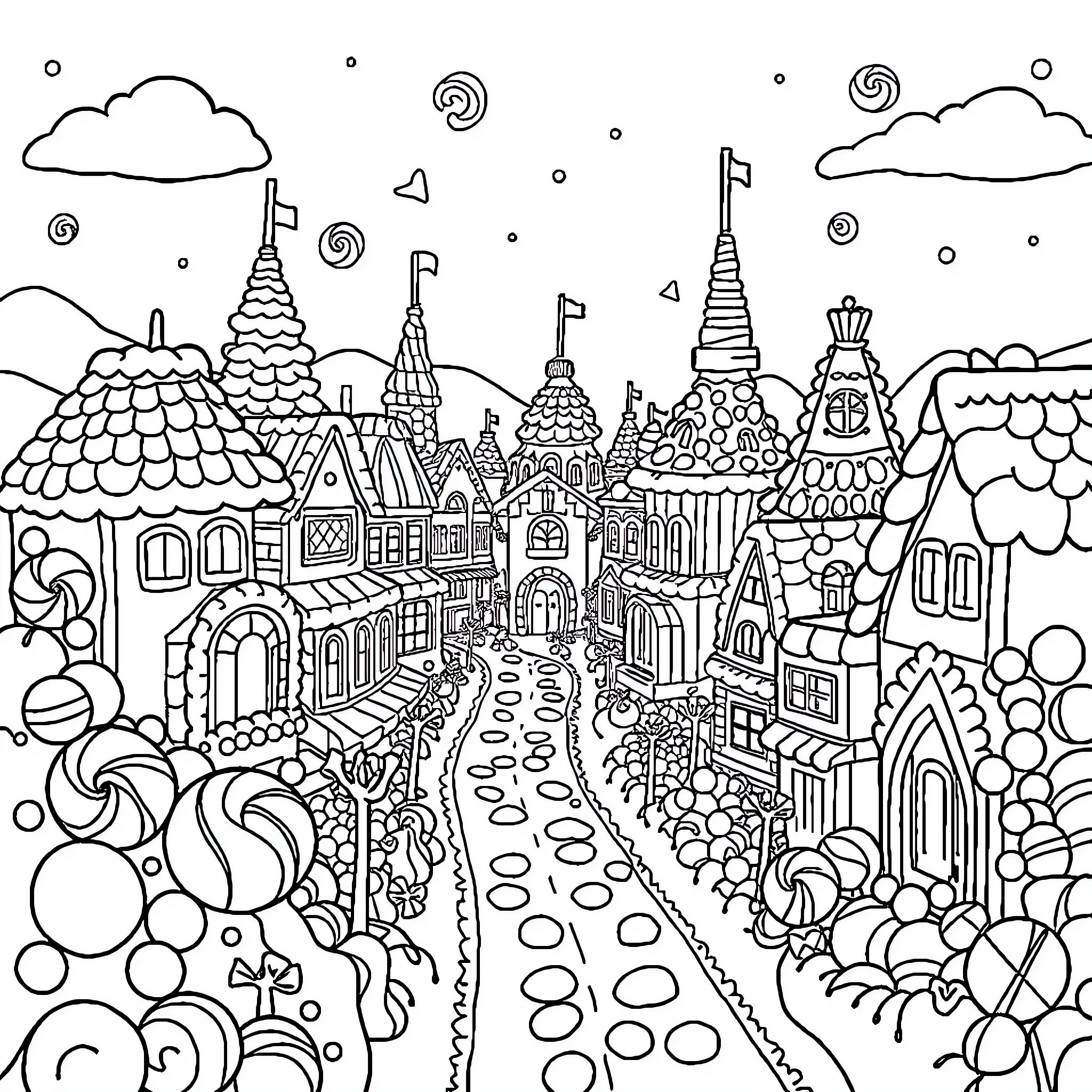 Candy Coated Fantasy Town Coloring Page (free black-and-white line drawing printable PDF for all, from beginners to advanced learners, including children, teens, adults, and seniors)