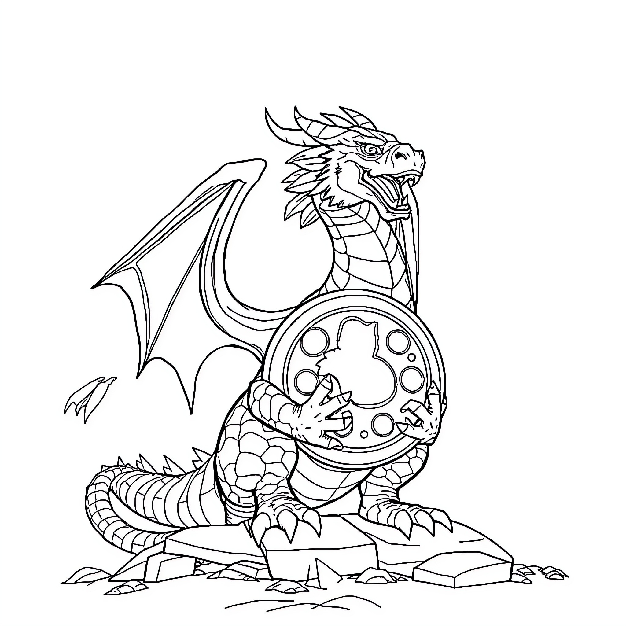 Dragon guarding a magical treasure hoard Coloring Page (free black-and-white line drawing printable PDF for all, from beginners to advanced learners, including children, teens, adults, and seniors)