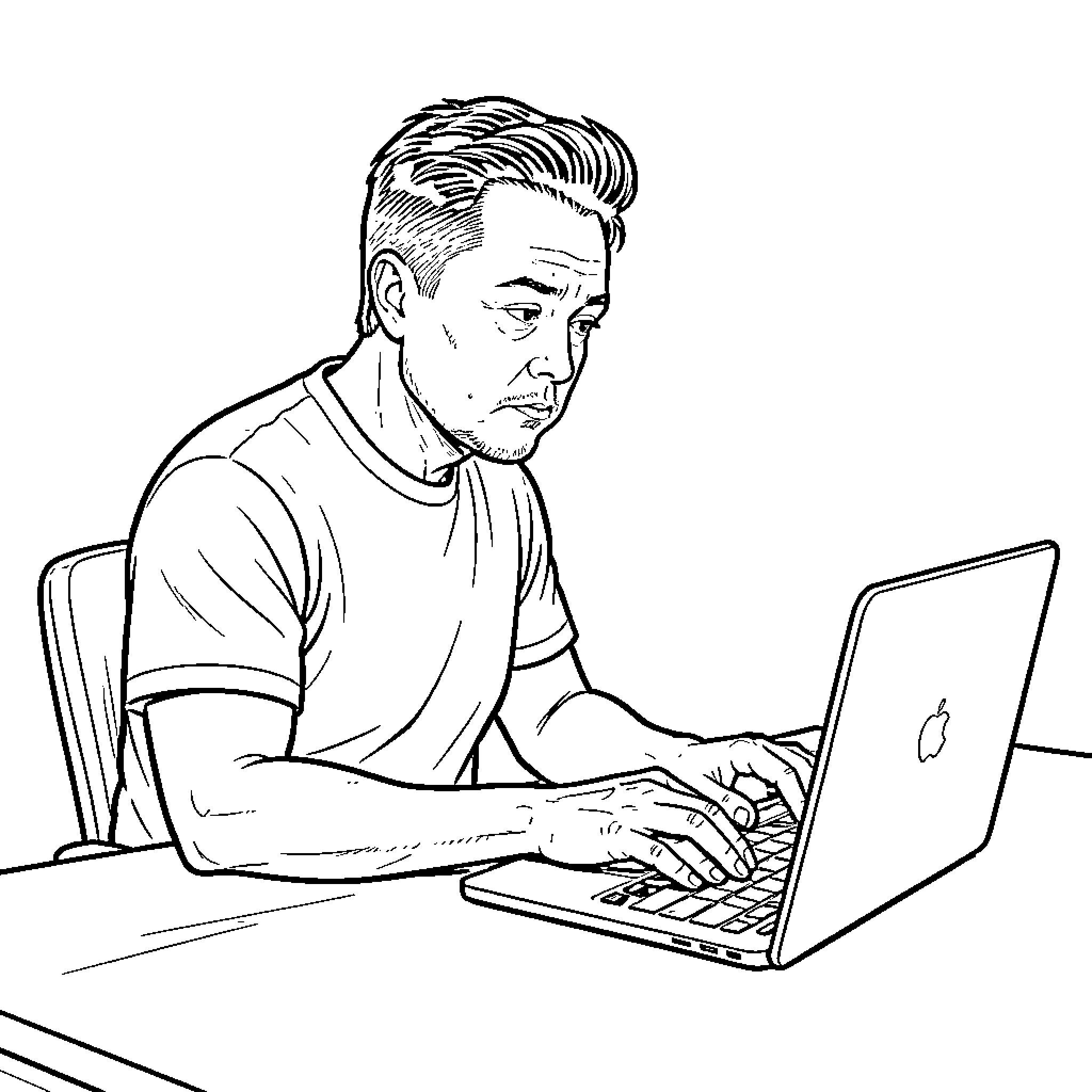 Elon Musk focused on work on laptop Coloring Page (free black-and-white line drawing printable PDF for all, from beginners to advanced learners, including children, teens, adults, and seniors)
