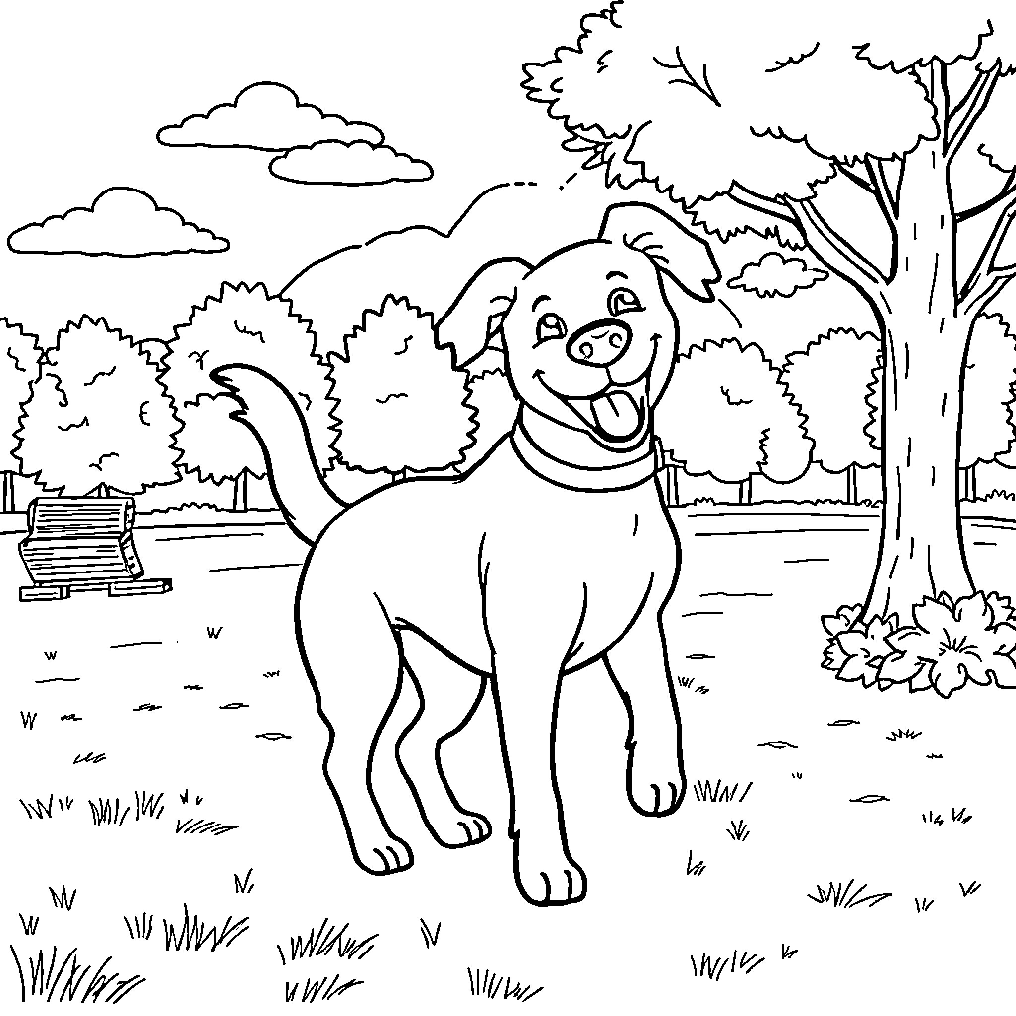 Dog Enjoying the Outdoors in a Park Coloring Page (free black-and-white line drawing printable PDF for all, from beginners to advanced learners, including children, teens, adults, and seniors)