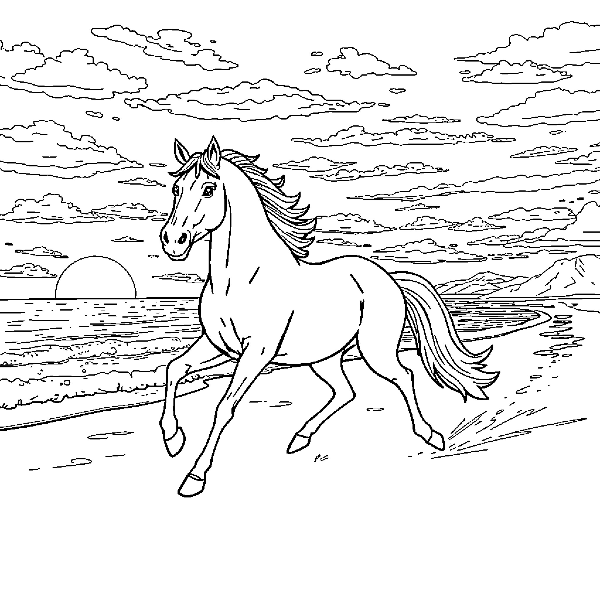 Horse galloping on the beach at sunset Coloring Page (free black-and-white line drawing printable PDF for all, from beginners to advanced learners, including children, teens, adults, and seniors)