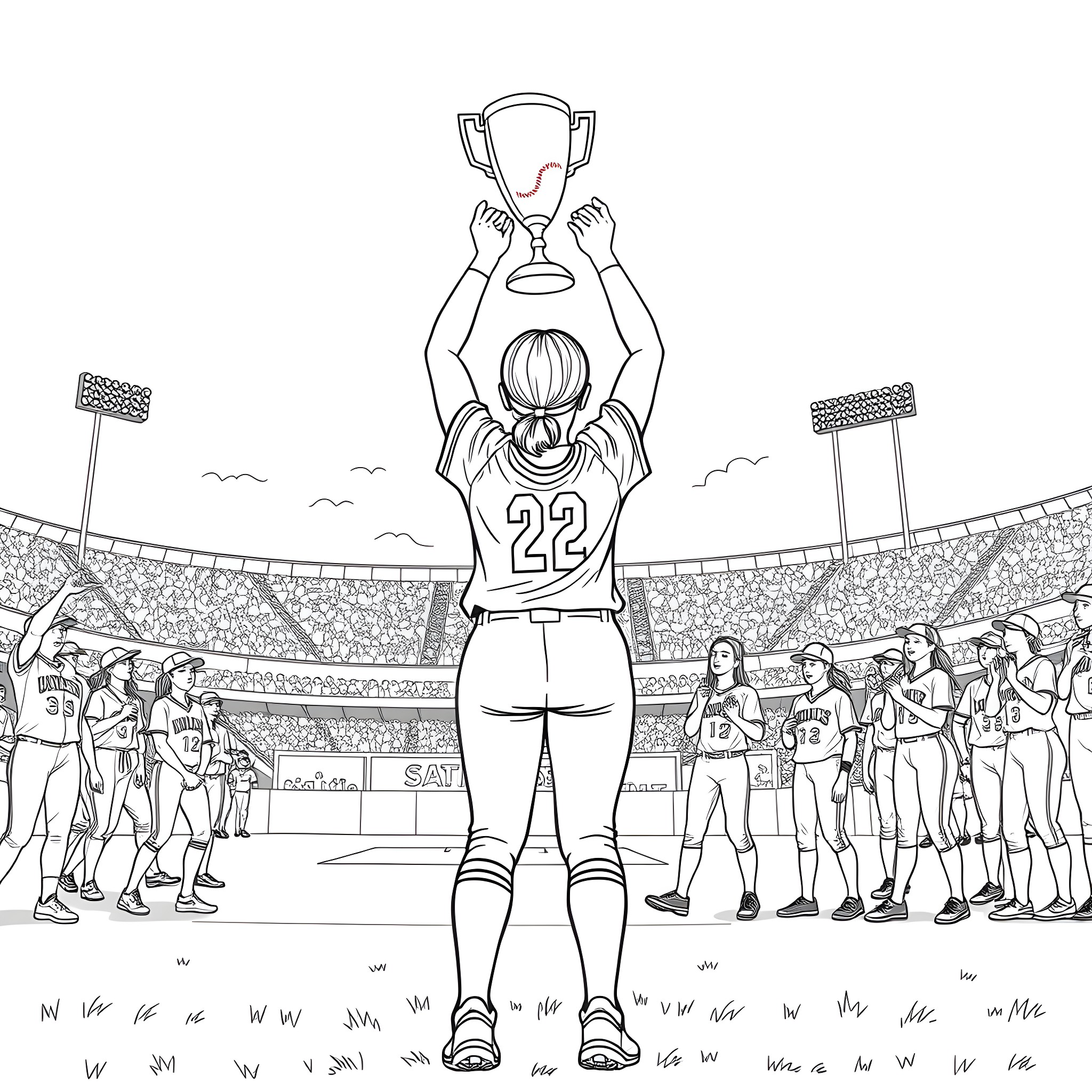 Softball Girl Celebrating Victory with Trophy Coloring Page (free black-and-white line drawing printable PDF for all, from beginners to advanced learners, including children, teens, adults, and seniors)