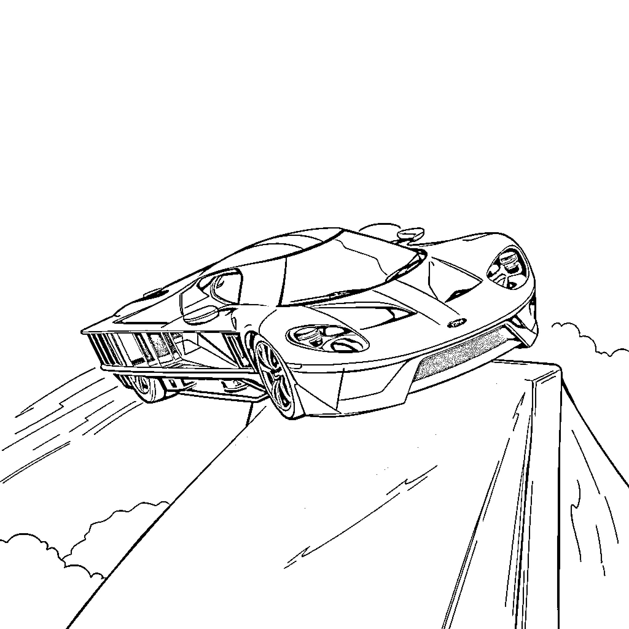Ford GT racing at high speed on the road Coloring Page (free black-and-white line drawing printable PDF for all, from beginners to advanced learners, including children, teens, adults, and seniors)