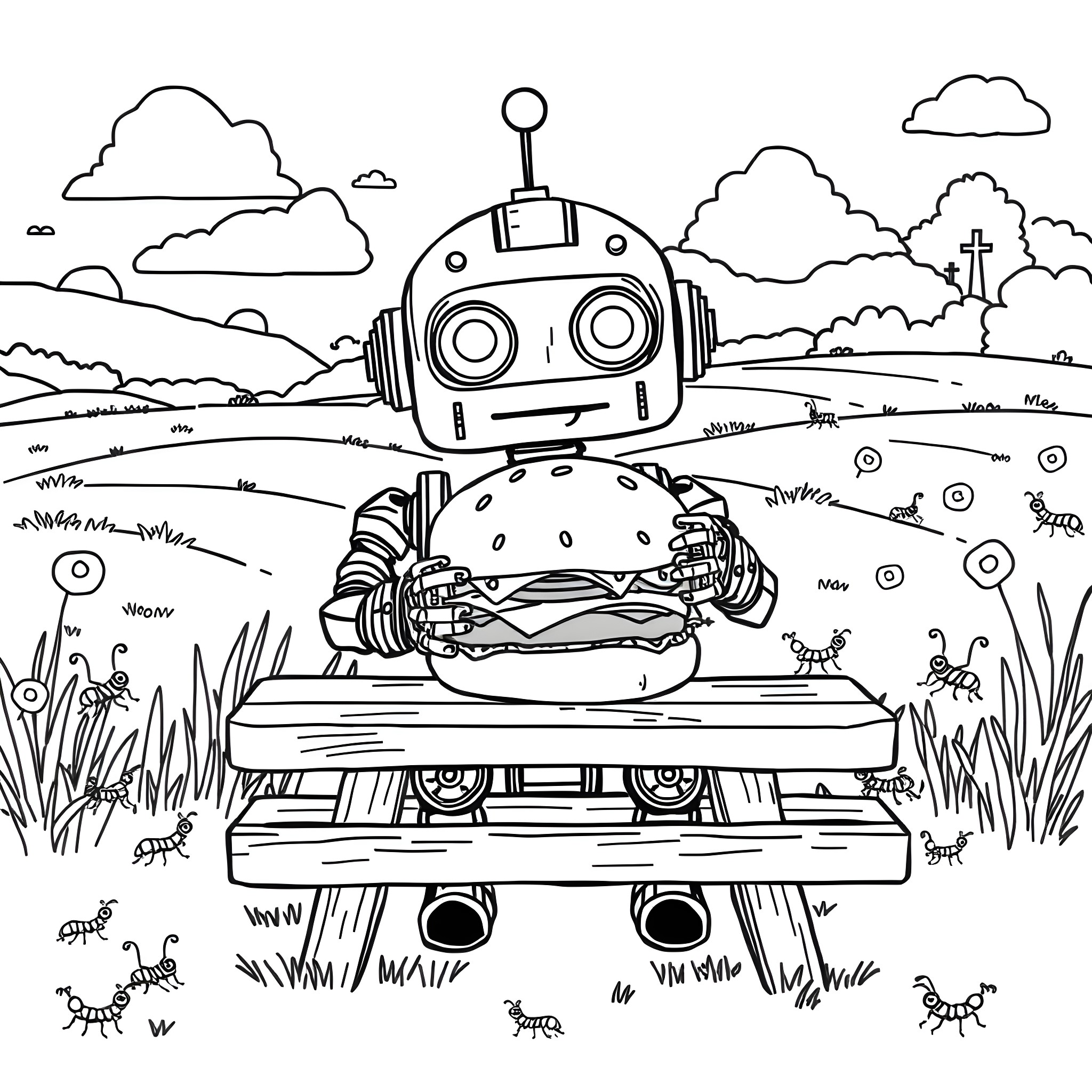 Robot enjoying a tasty burger in the countryside Coloring Page (free black-and-white line drawing printable PDF for all, from beginners to advanced learners, including children, teens, adults, and seniors)
