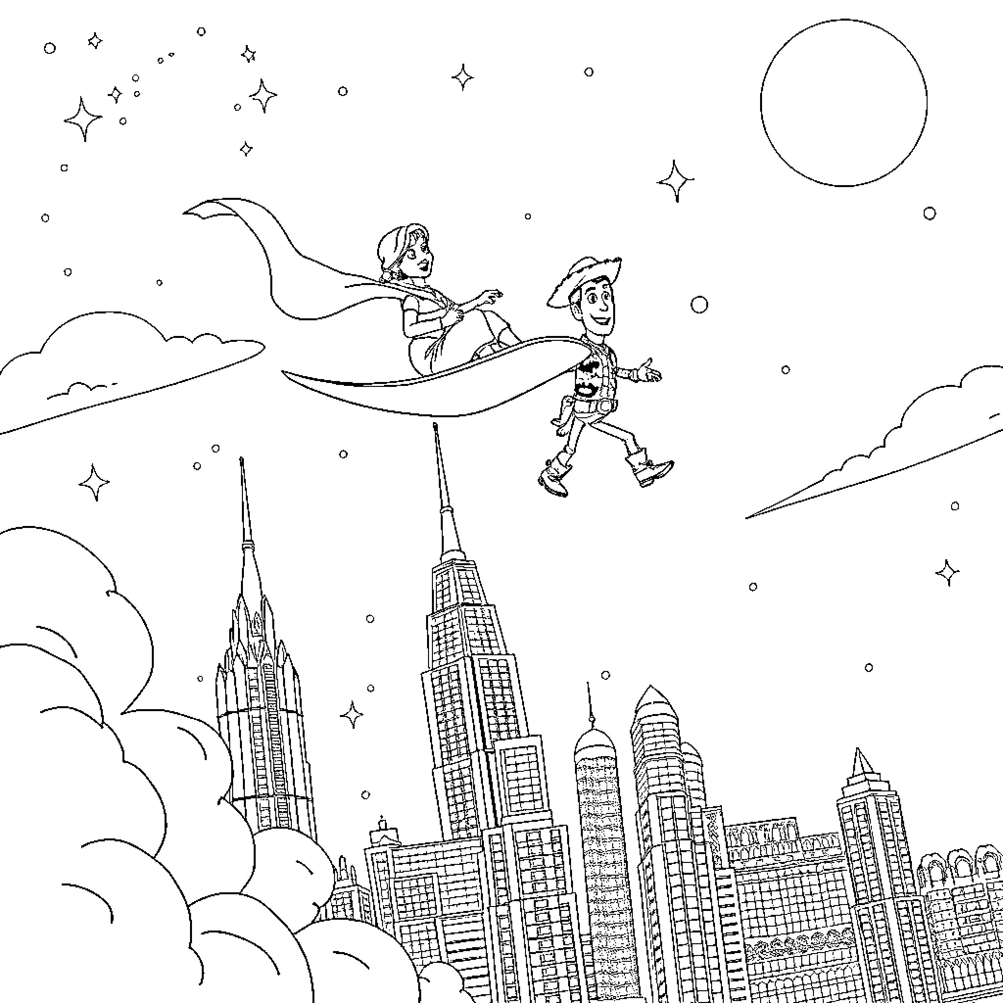 Aladdin and Toy Story characters flying over the city Coloring Page (free black-and-white line drawing printable PDF for all, from beginners to advanced learners, including children, teens, adults, and seniors)
