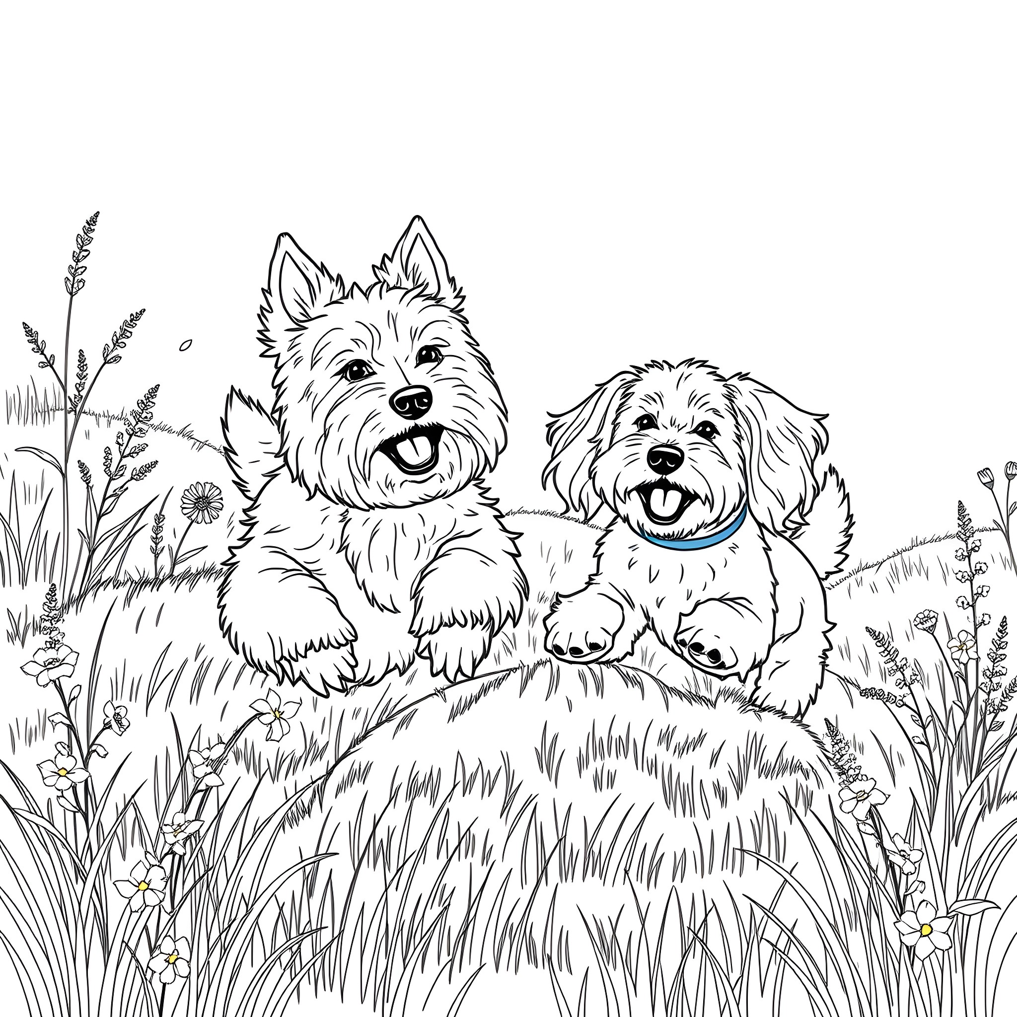 Dogs enjoying the outdoors in a grassy field Coloring Page (free black-and-white line drawing printable PDF for all, from beginners to advanced learners, including children, teens, adults, and seniors)