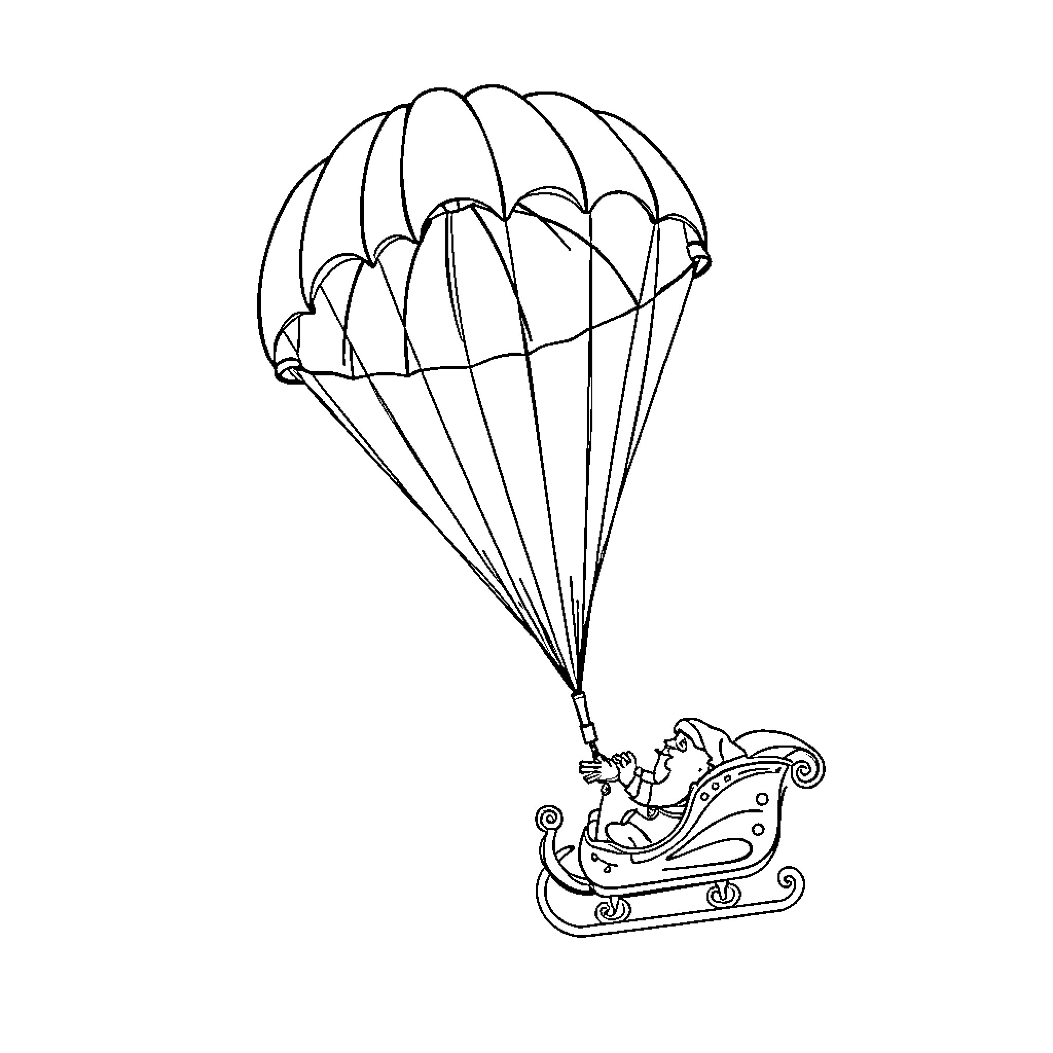 Powered Parachute with Santa on Sleigh Coloring Page (free black-and-white line drawing printable PDF for all, from beginners to advanced learners, including children, teens, adults, and seniors)