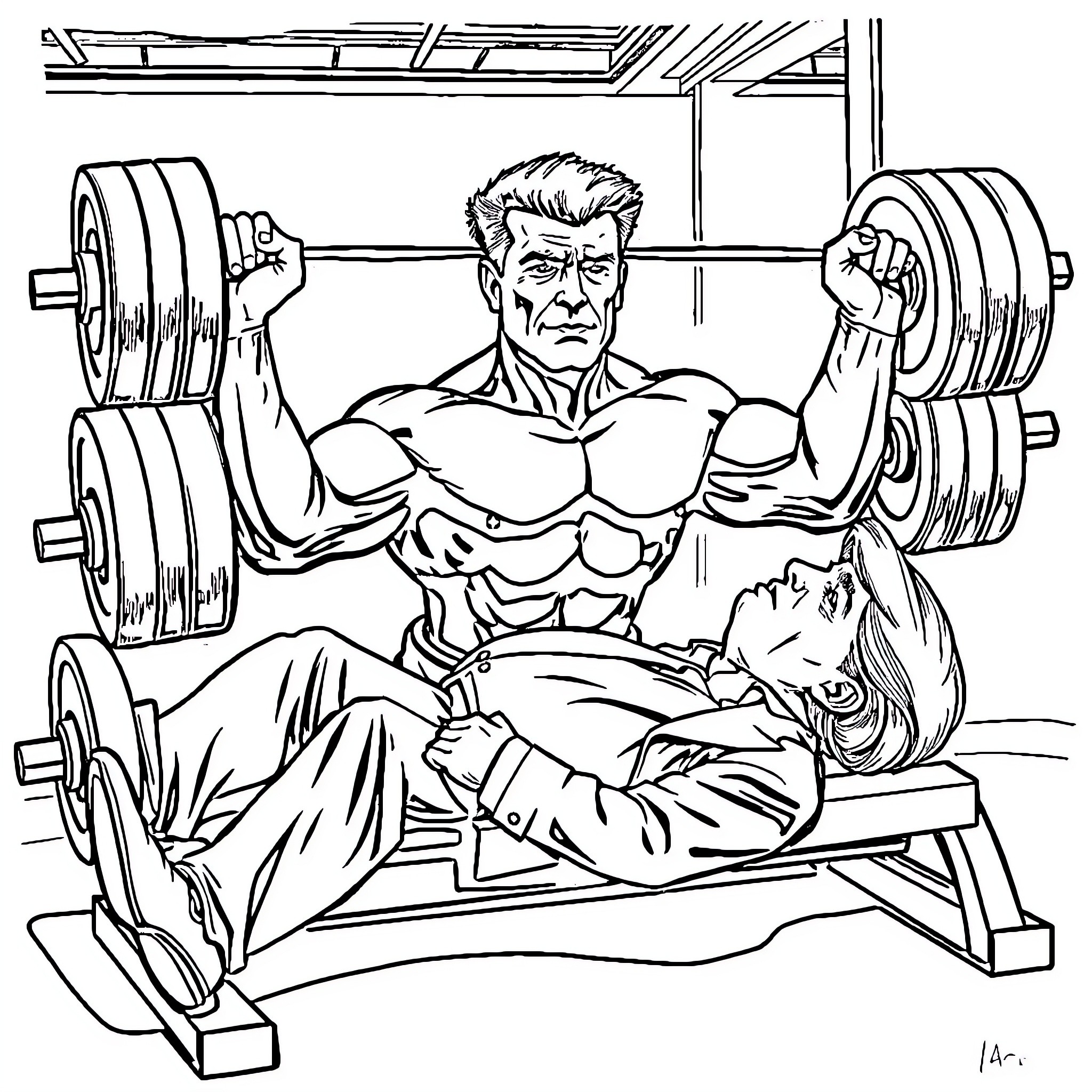 Arnold Schwarzenegger lifting weights in a gym setting Coloring Page (free black-and-white line drawing printable PDF for all, from beginners to advanced learners, including children, teens, adults, and seniors)