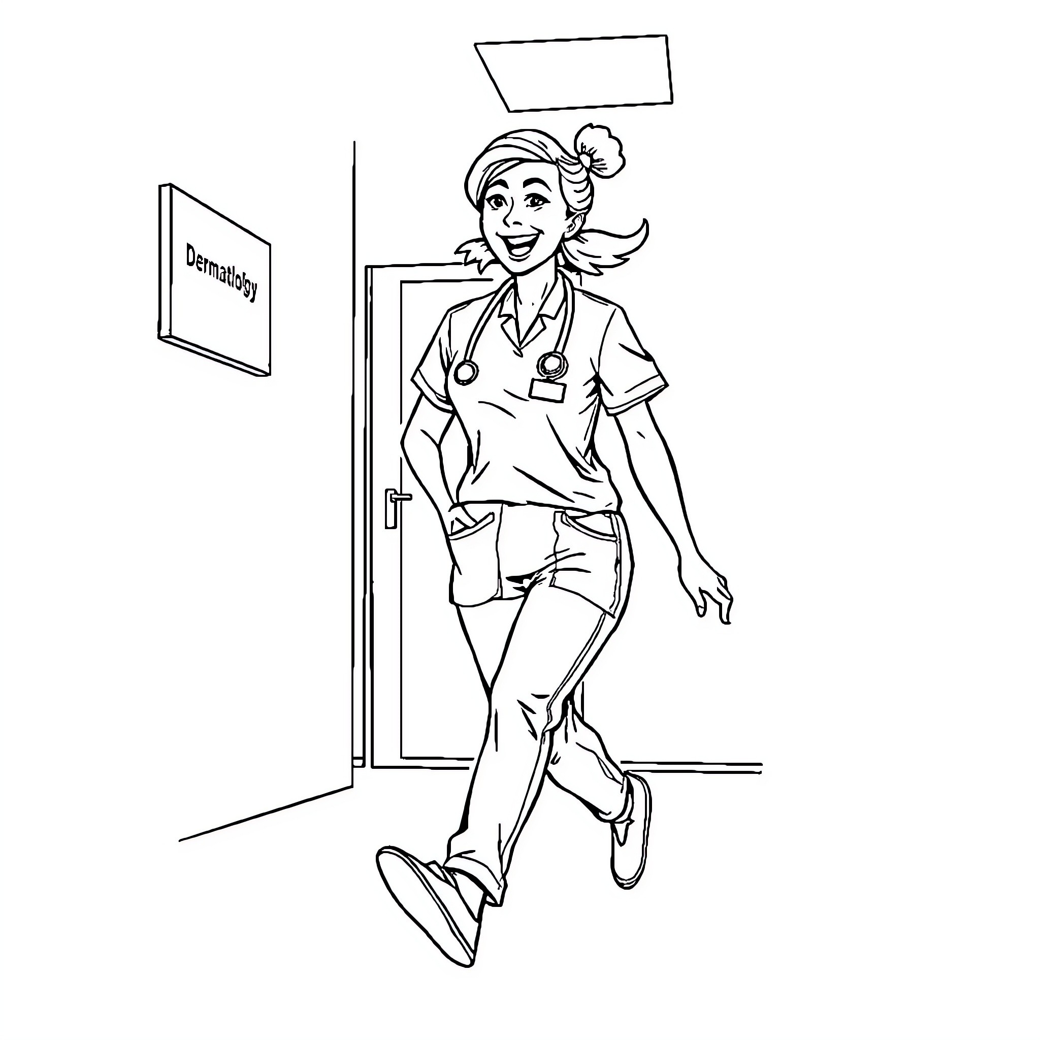 Nurse Hurrying Happily Through the Hospital Coloring Page (free black-and-white line drawing printable PDF for all, from beginners to advanced learners, including children, teens, adults, and seniors)