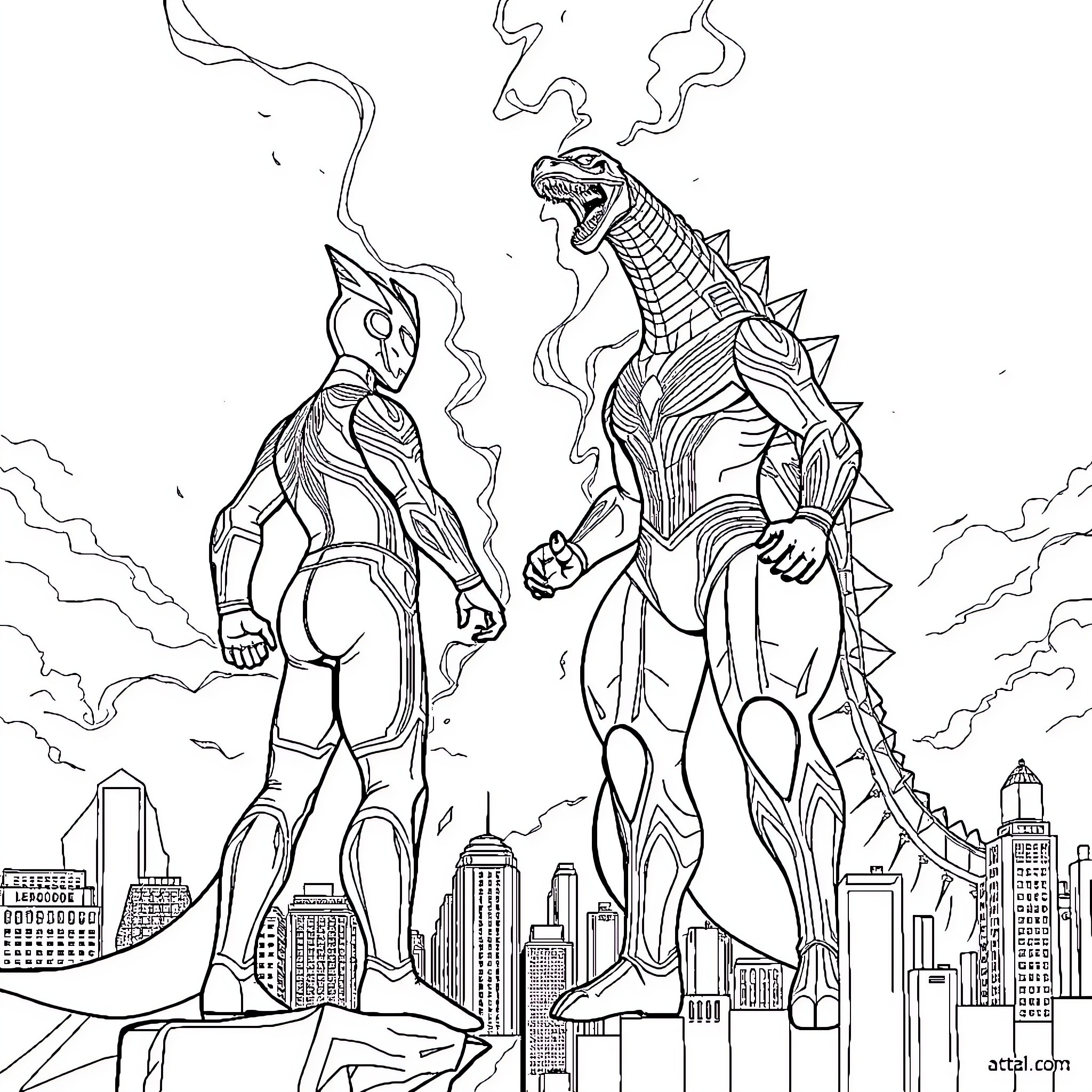 Ultraman Confronting a Monstrous Foe in the City Coloring Page (free black-and-white line drawing printable PDF for all, from beginners to advanced learners, including children, teens, adults, and seniors)