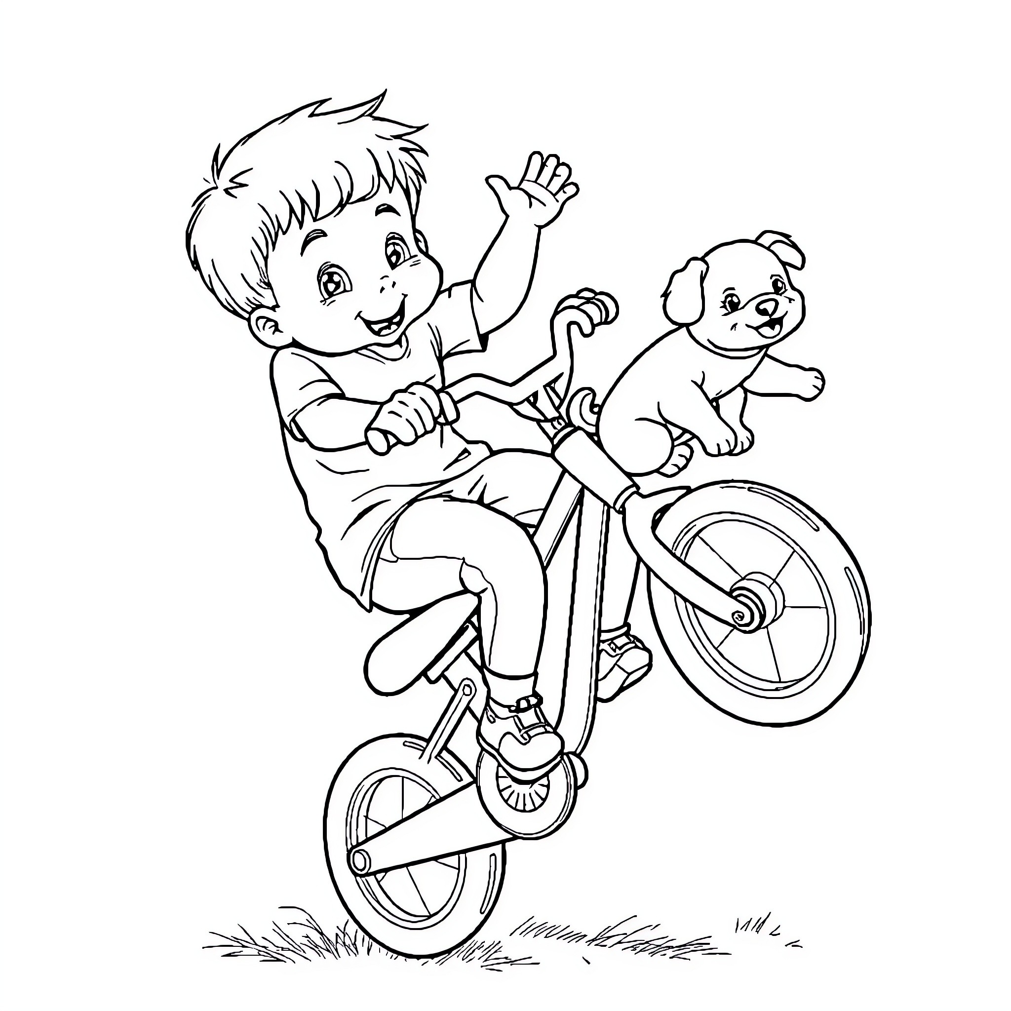 Child riding bicycle with puppy Coloring Page (free black-and-white line drawing printable PDF for all, from beginners to advanced learners, including children, teens, adults, and seniors)