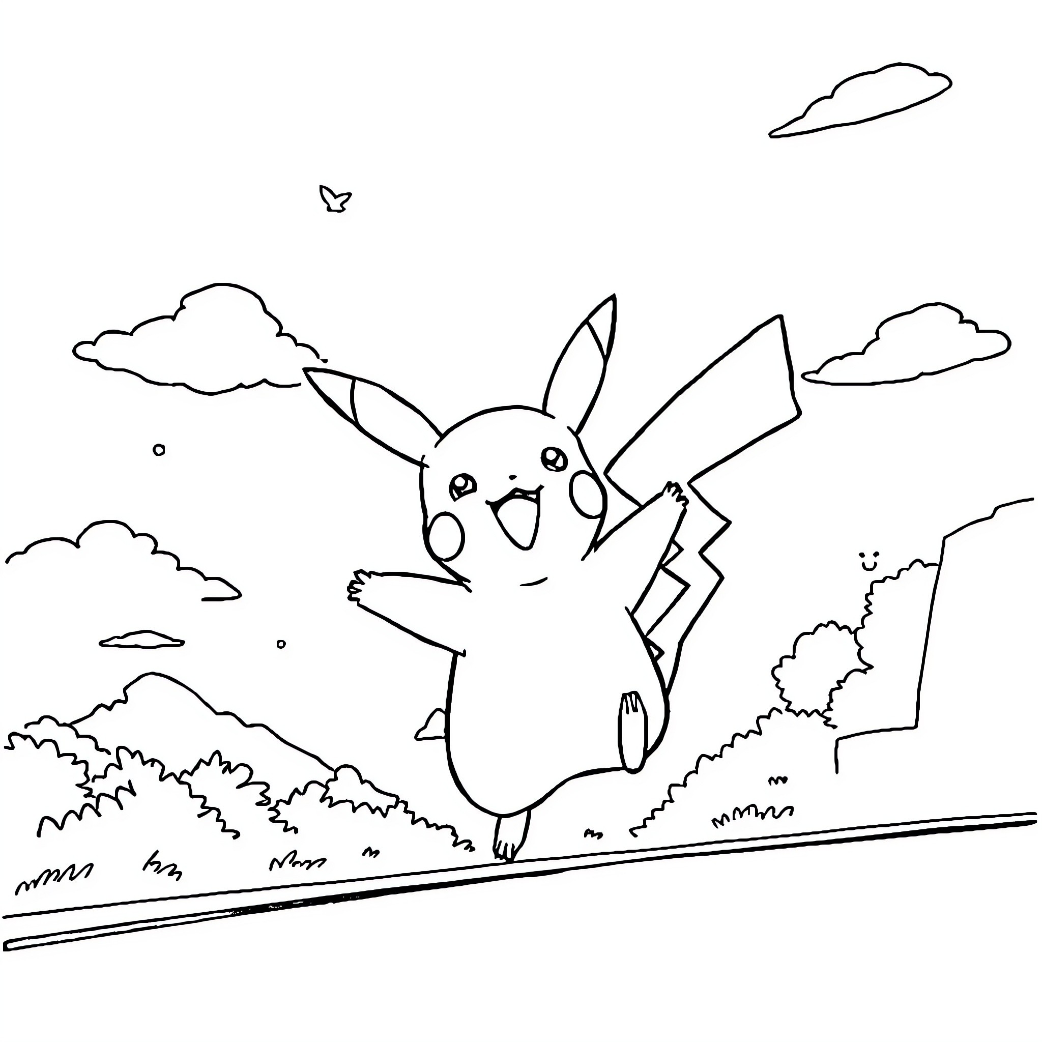 Pikachu bouncing happily in a nature scene Coloring Page (free black-and-white line drawing printable PDF for all, from beginners to advanced learners, including children, teens, adults, and seniors)