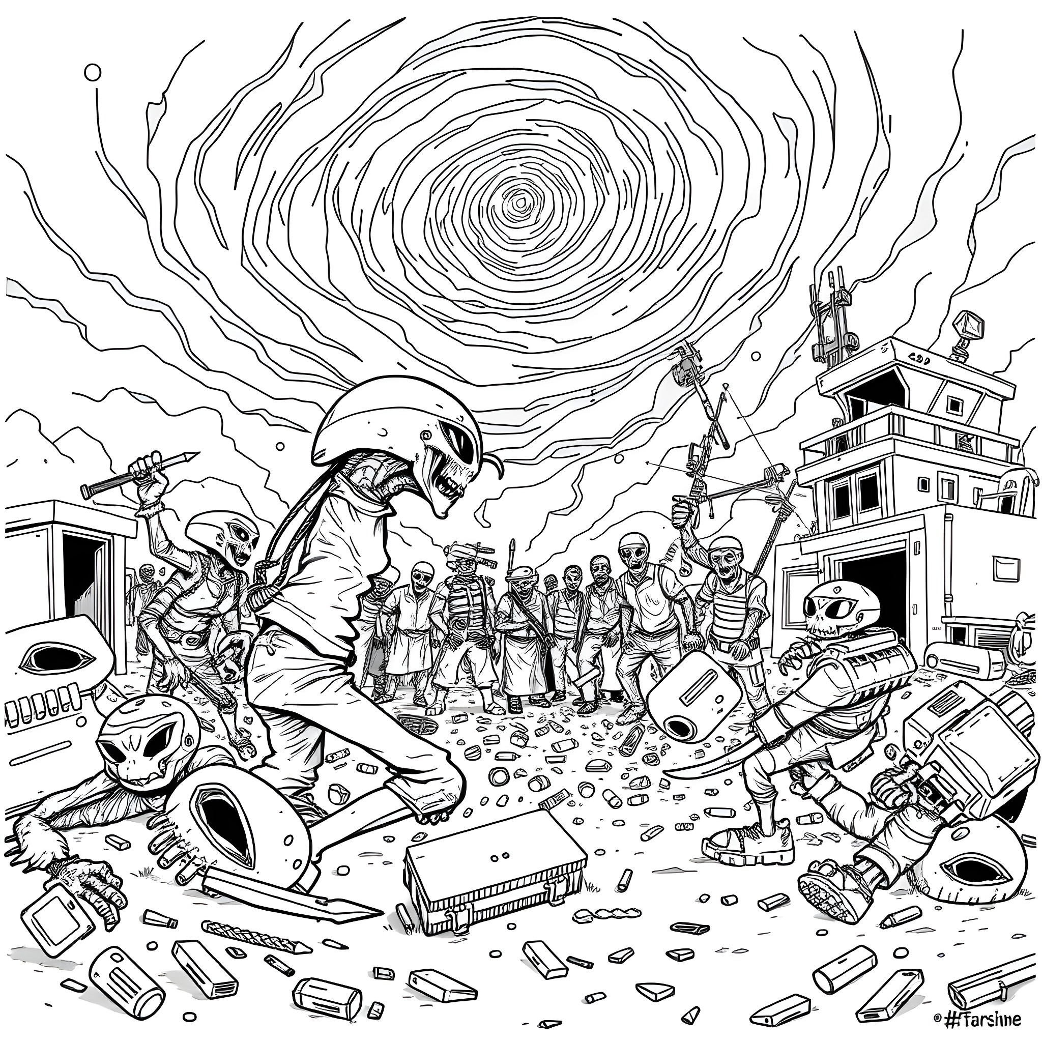 Alien invasion in a post-apocalyptic city Coloring Page (free black-and-white line drawing printable PDF for all, from beginners to advanced learners, including children, teens, adults, and seniors)