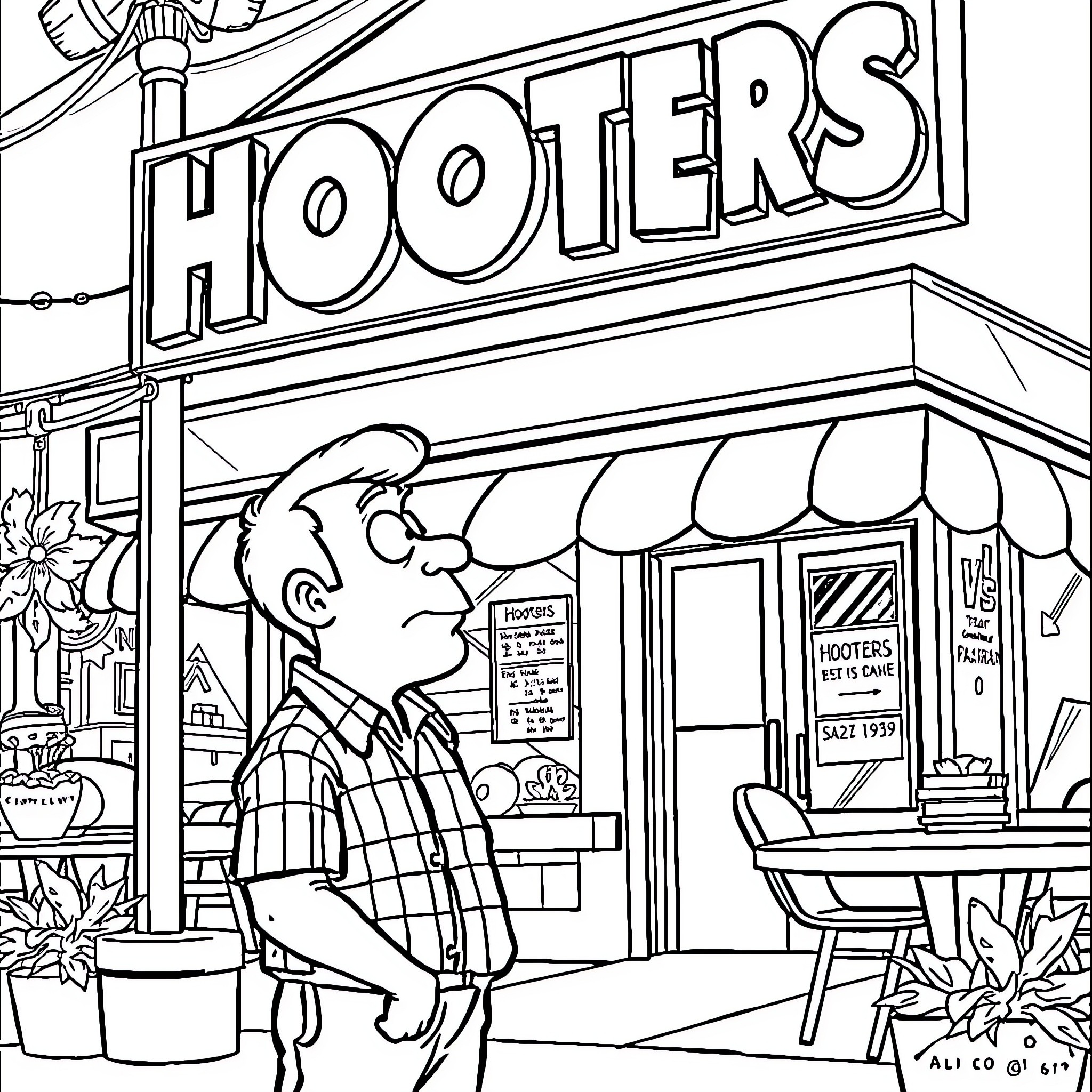 Al Bundy exploring the Hooters establishment Coloring Page (free black-and-white line drawing printable PDF for all, from beginners to advanced learners, including children, teens, adults, and seniors)
