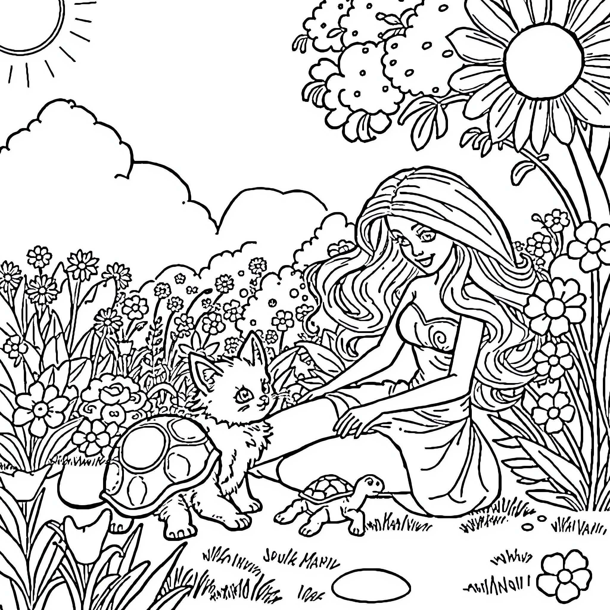 Barbie enjoying nature with animal friends Coloring Page (free black-and-white line drawing printable PDF for all, from beginners to advanced learners, including children, teens, adults, and seniors)