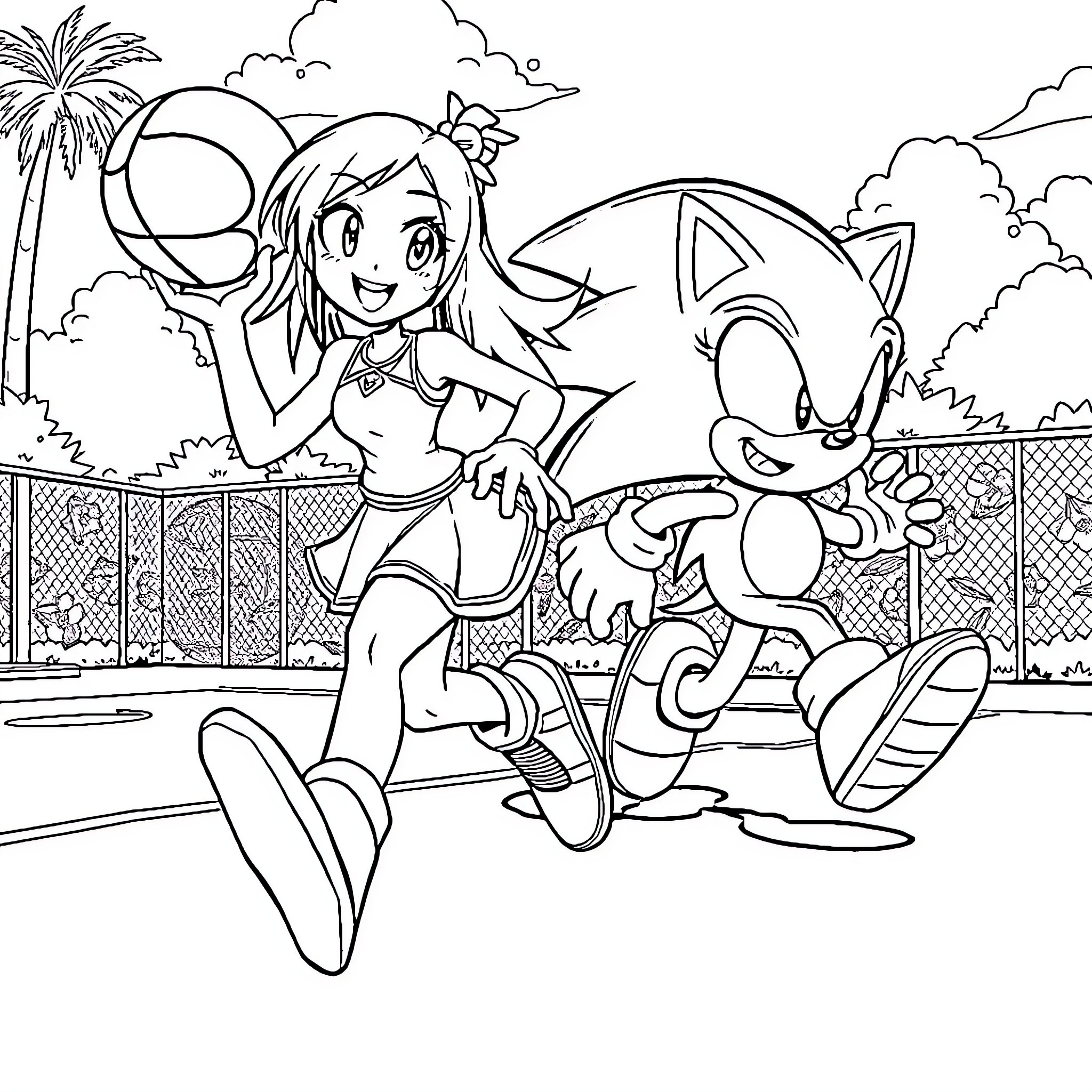 Kuromi enjoying summer fun with Sonic the Hedgehog Coloring Page (free black-and-white line drawing printable PDF for all, from beginners to advanced learners, including children, teens, adults, and seniors)