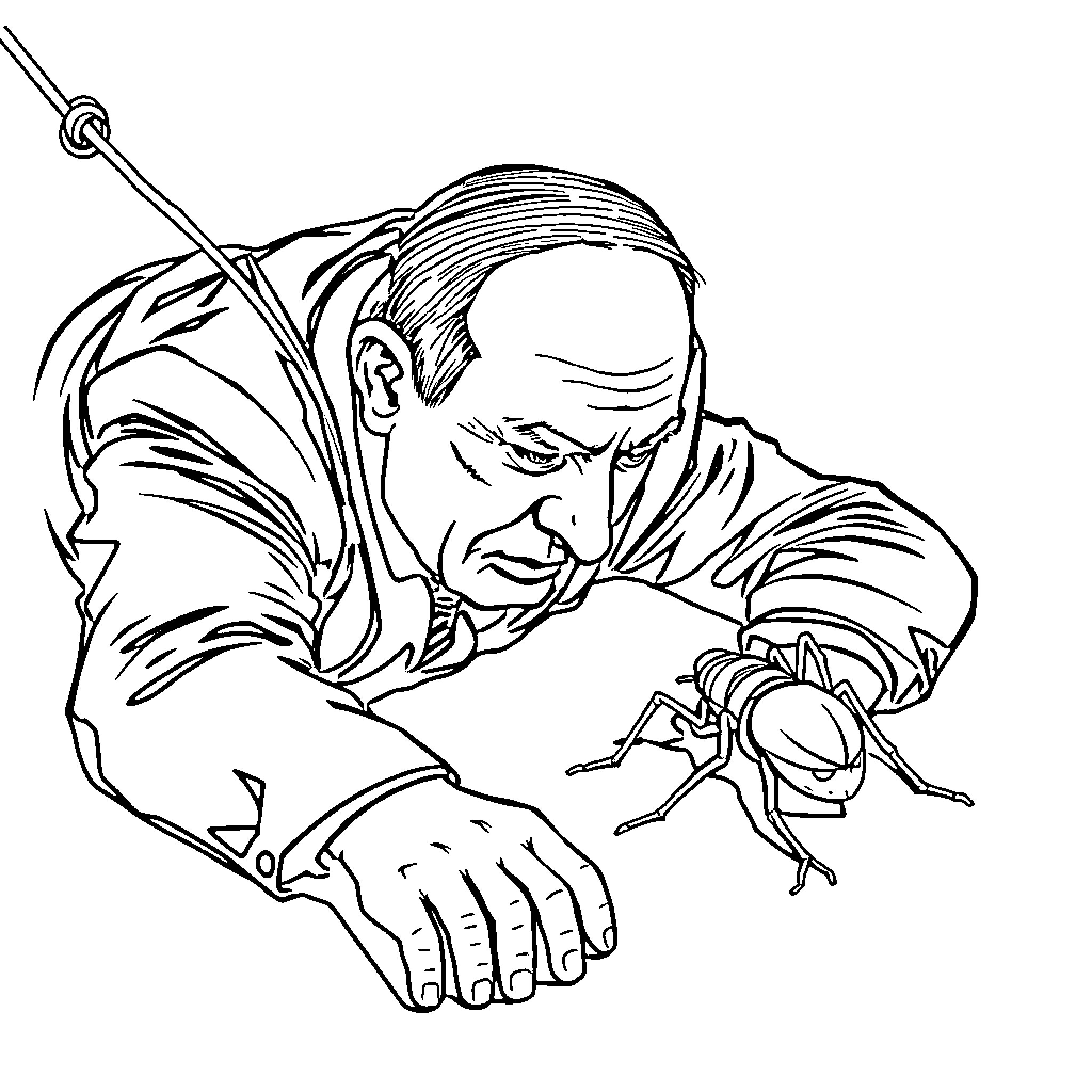 Benjamin Netanyahu examining an insect closely Coloring Page (free black-and-white line drawing printable PDF for all, from beginners to advanced learners, including children, teens, adults, and seniors)