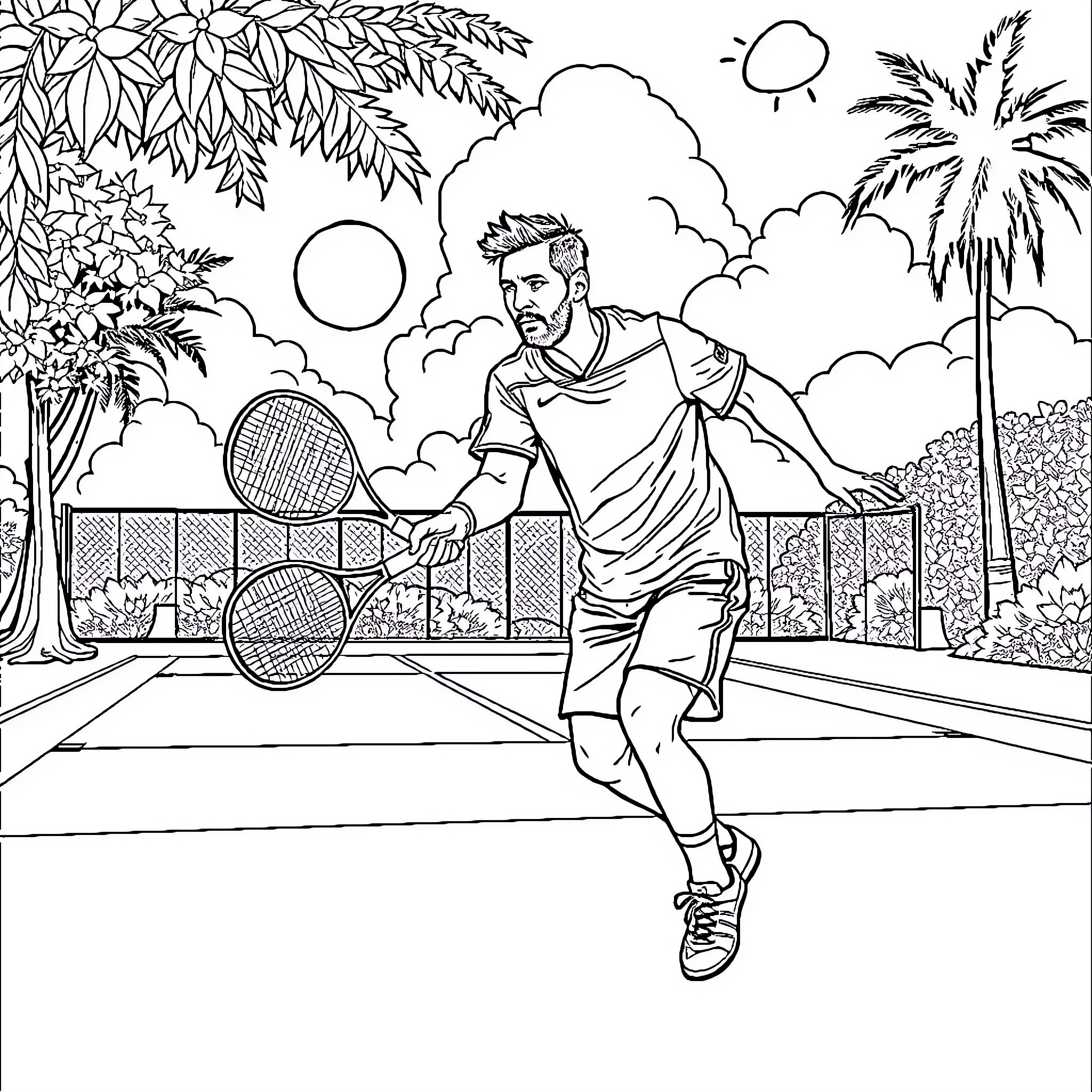Messi's Energetic Tennis Match in Tropical Paradise Coloring Page (free black-and-white line drawing printable PDF for all, from beginners to advanced learners, including children, teens, adults, and seniors)