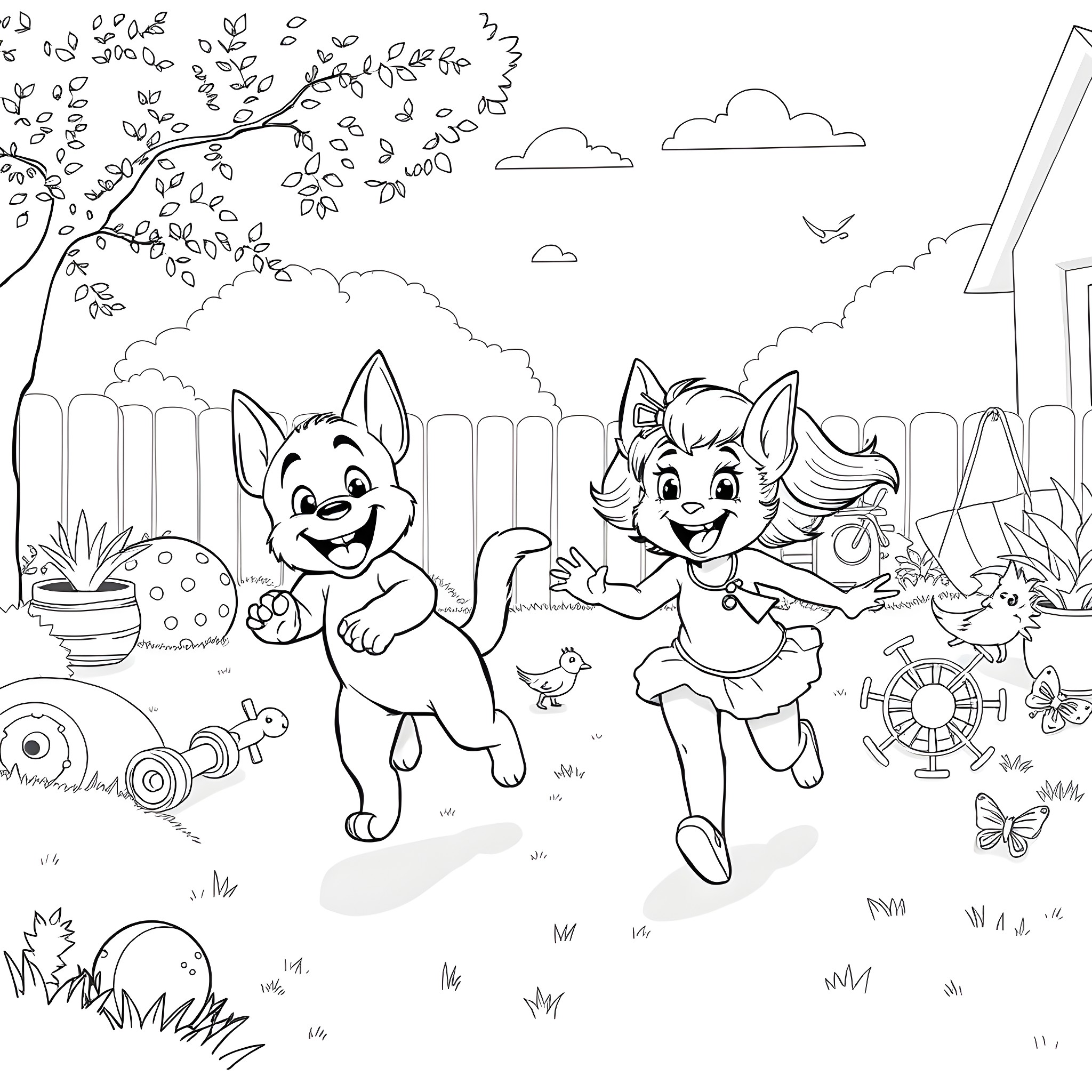 Bluey and friends playing in the backyard Coloring Page (free black-and-white line drawing printable PDF for all, from beginners to advanced learners, including children, teens, adults, and seniors)