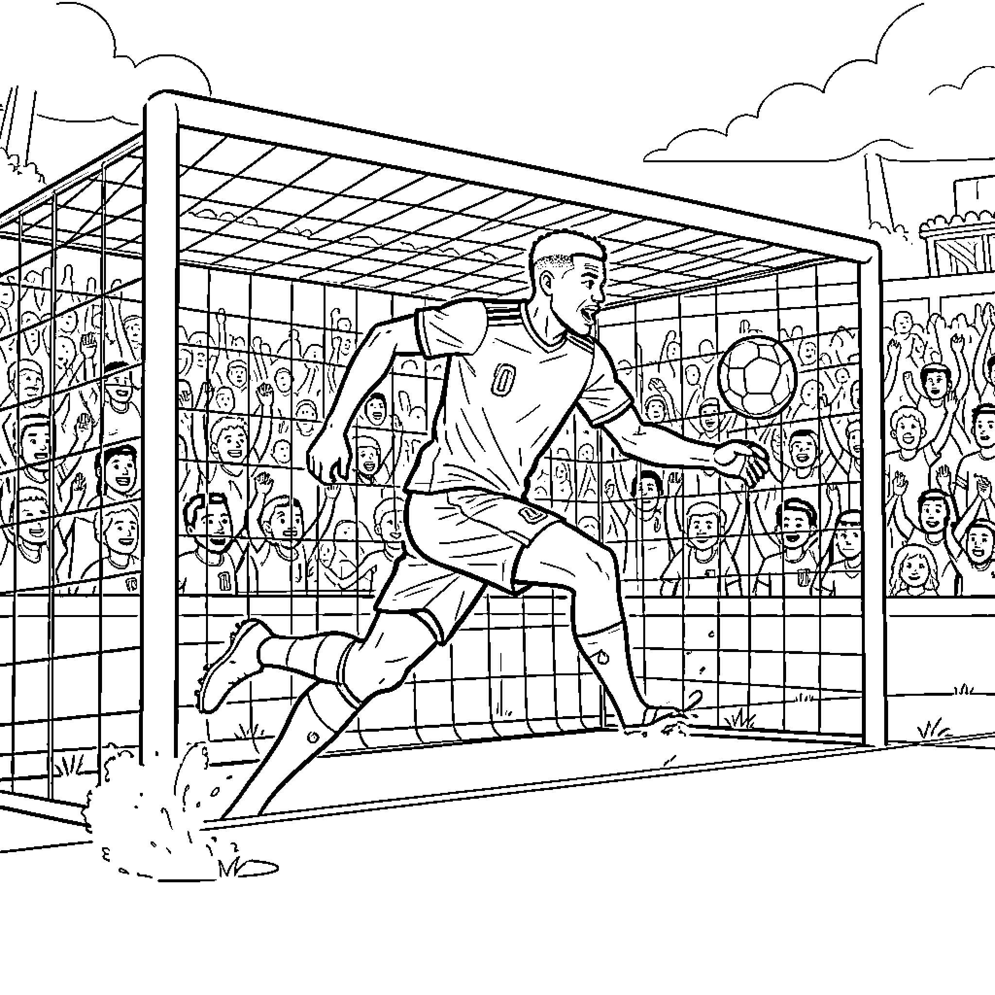 Mbappe kicking a soccer ball into the goal Coloring Page (free black-and-white line drawing printable PDF for all, from beginners to advanced learners, including children, teens, adults, and seniors)
