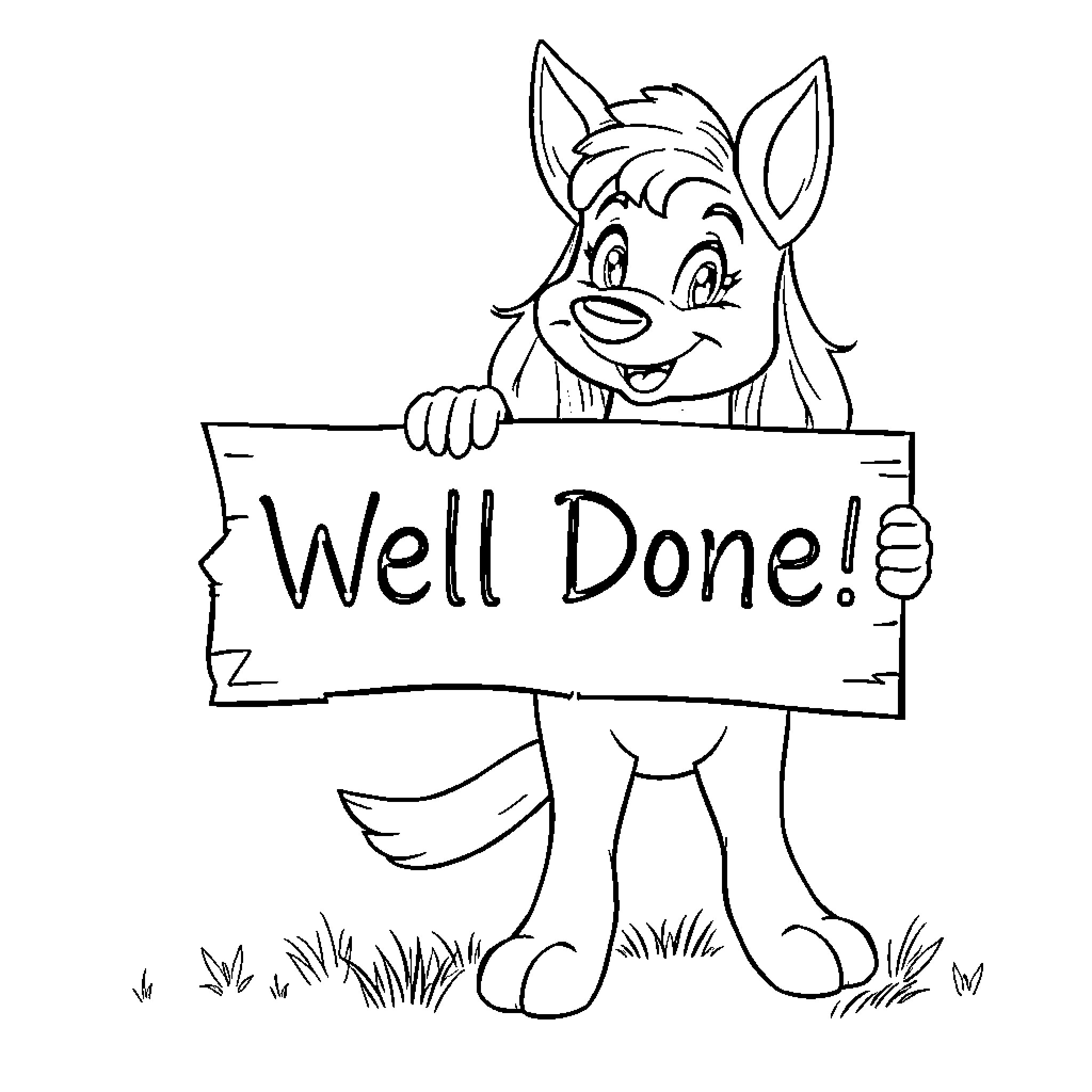 Zoey's Cheerful Celebration with 'Well Done!' Sign Coloring Page (free black-and-white line drawing printable PDF for all, from beginners to advanced learners, including children, teens, adults, and seniors)