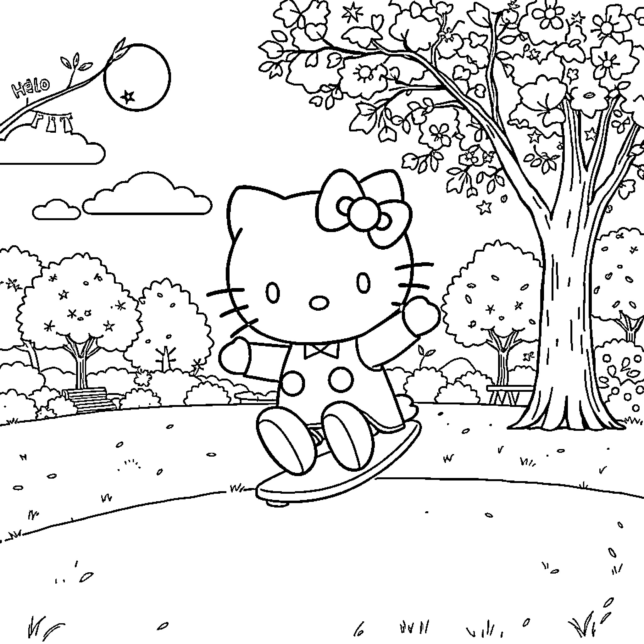 Hello Kitty playing in a whimsical outdoor scene Coloring Page (free black-and-white line drawing printable PDF for all, from beginners to advanced learners, including children, teens, adults, and seniors)