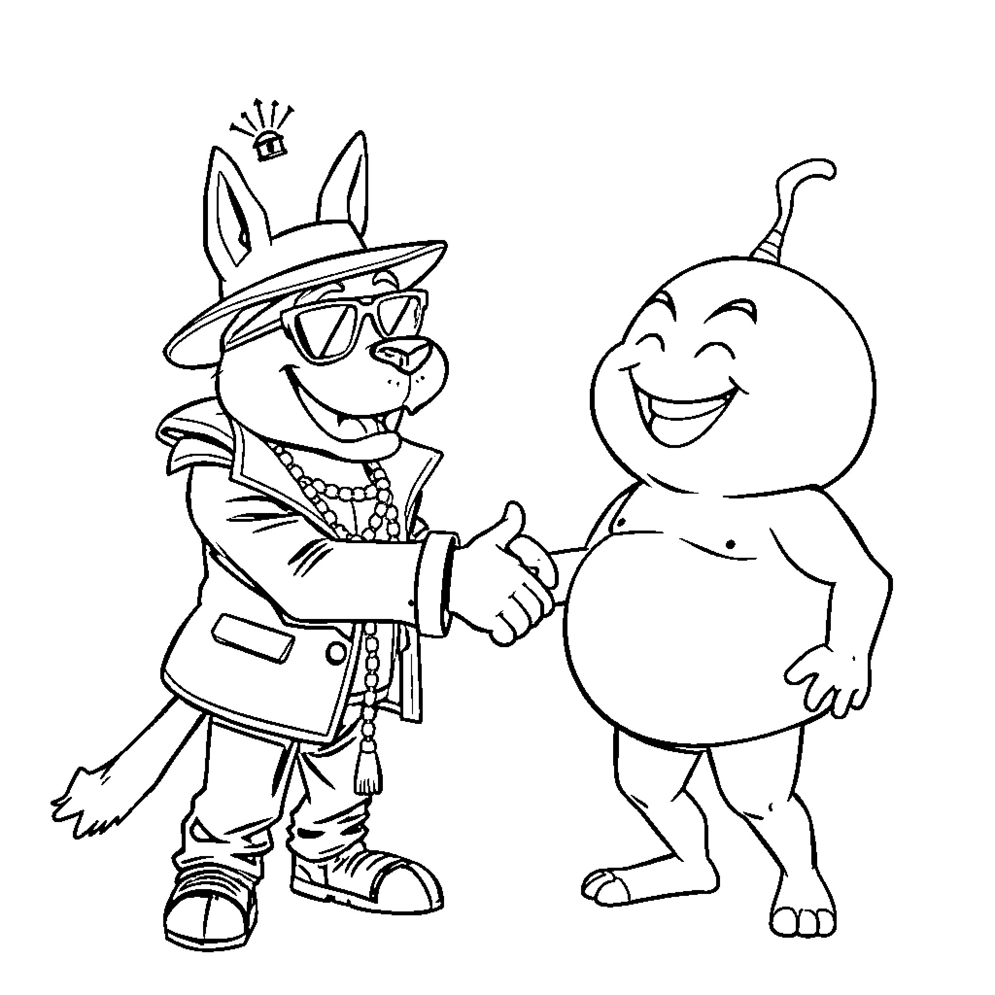 Courage in Friendship: Playful Allies Coloring Page (free black-and-white line drawing printable PDF for all, from beginners to advanced learners, including children, teens, adults, and seniors)