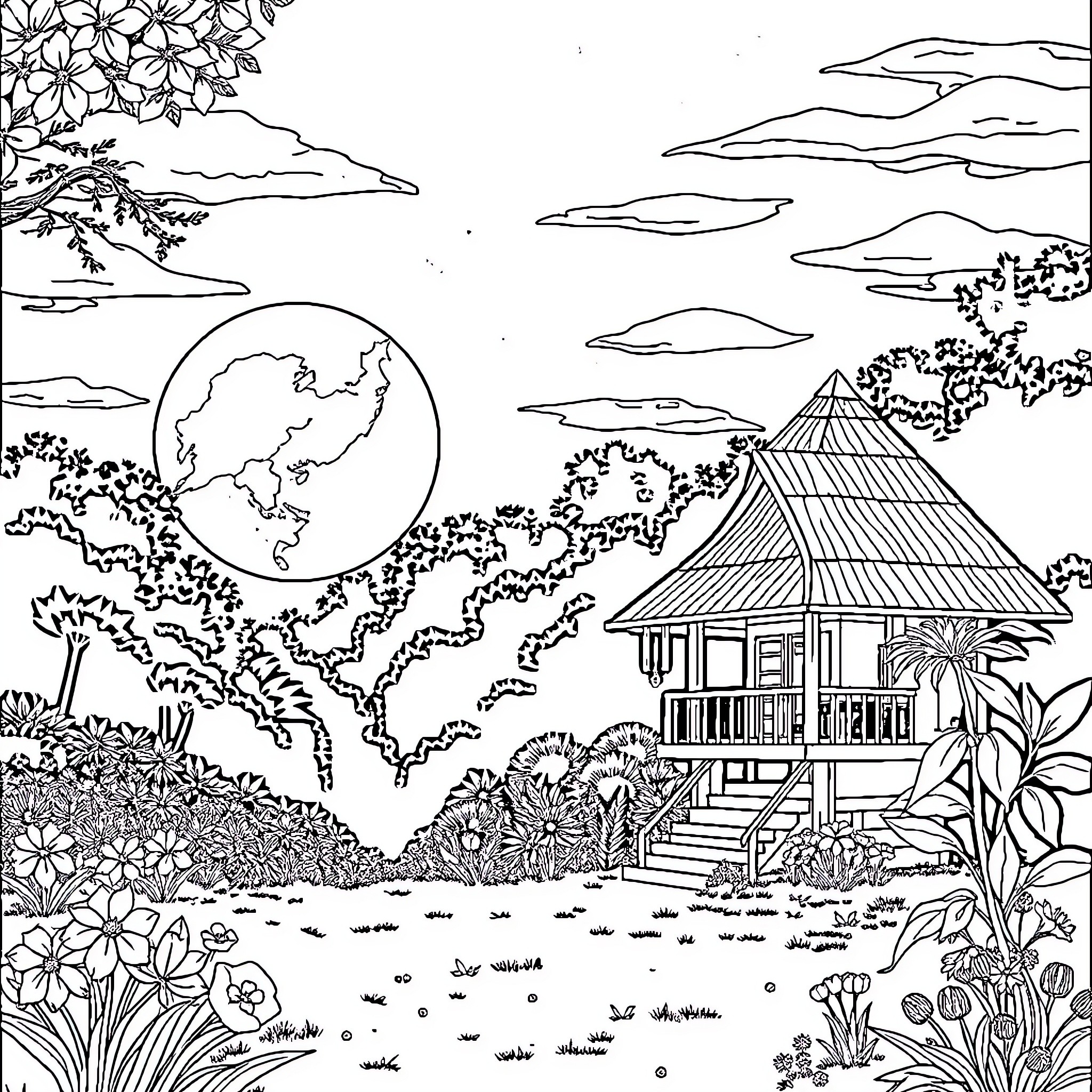 Tree house in a lush tropical landscape Coloring Page (free black-and-white line drawing printable PDF for all, from beginners to advanced learners, including children, teens, adults, and seniors)