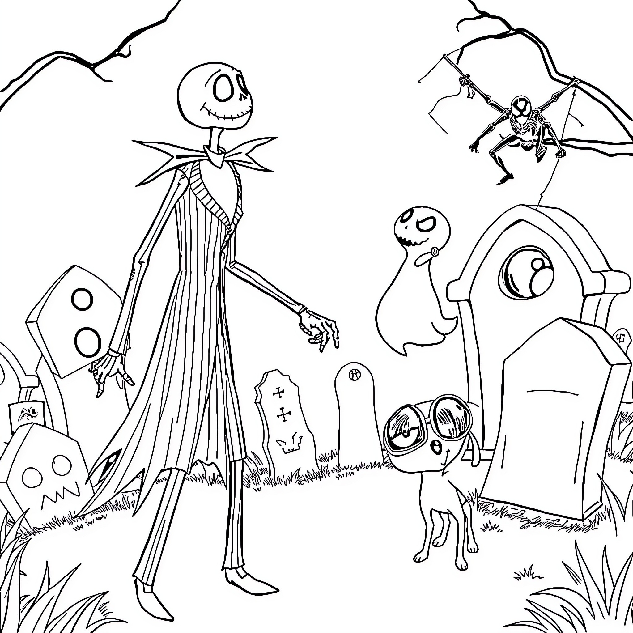 Jack Skellington's eerie and whimsical graveyard adventure Coloring Page (free black-and-white line drawing printable PDF for all, from beginners to advanced learners, including children, teens, adults, and seniors)