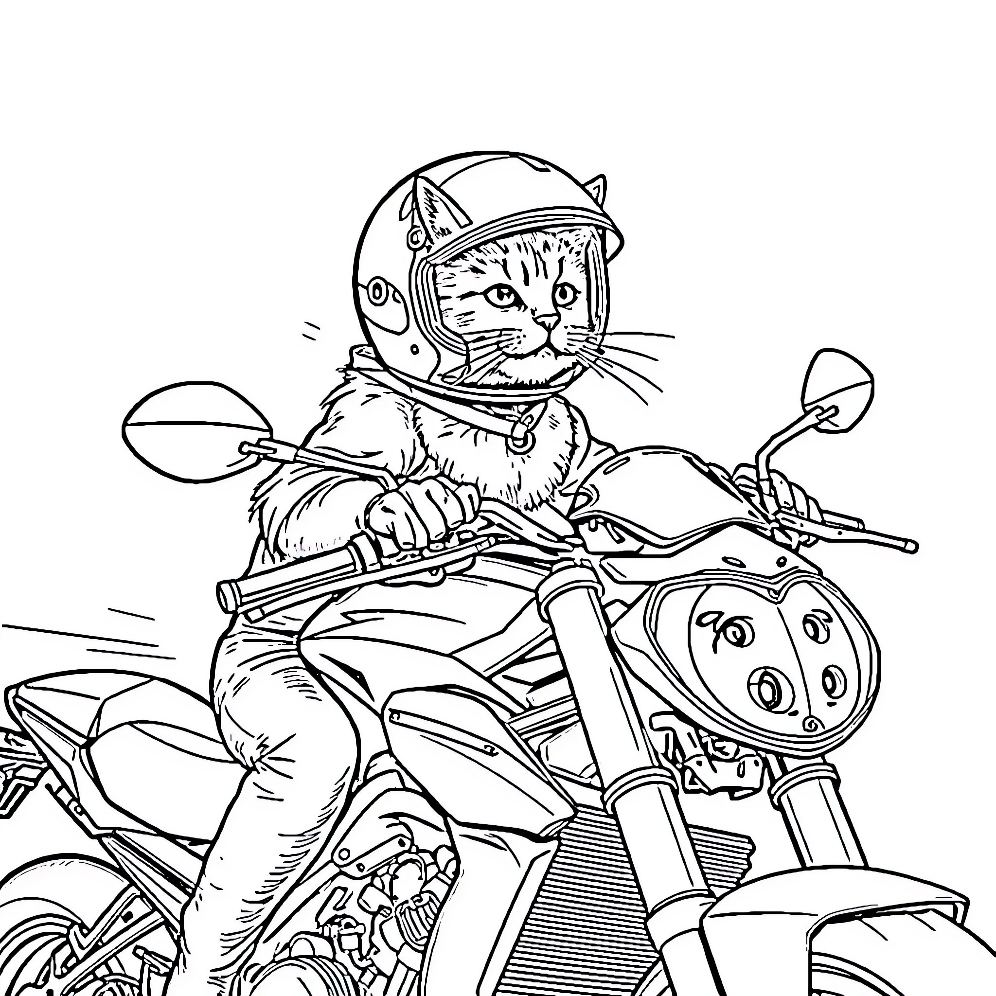 Cat riding motorcycle in adventure gear Coloring Page (free black-and-white line drawing printable PDF for all, from beginners to advanced learners, including children, teens, adults, and seniors)