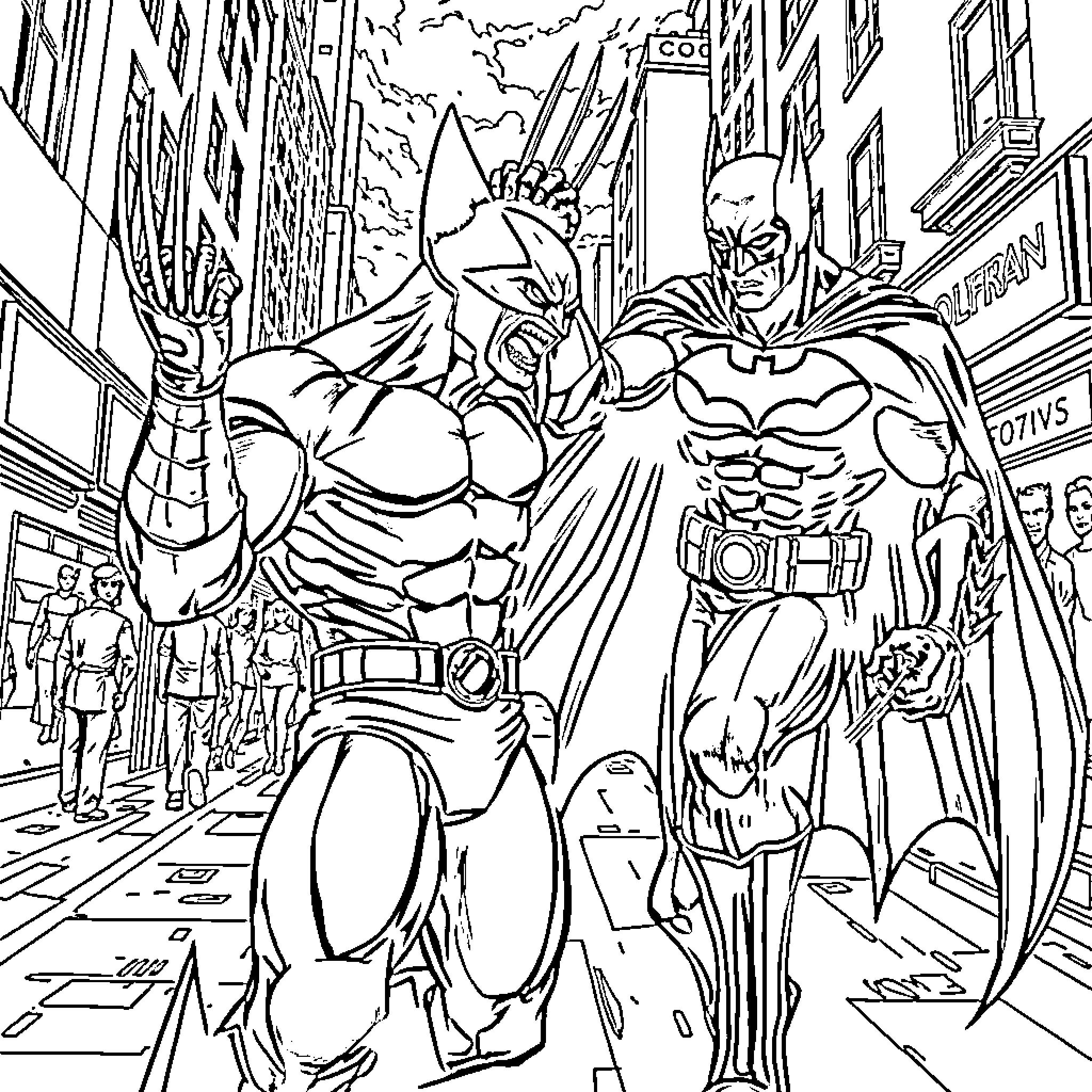 Wolverine and Batman in an Intense City Standoff Coloring Page (free black-and-white line drawing printable PDF for all, from beginners to advanced learners, including children, teens, adults, and seniors)
