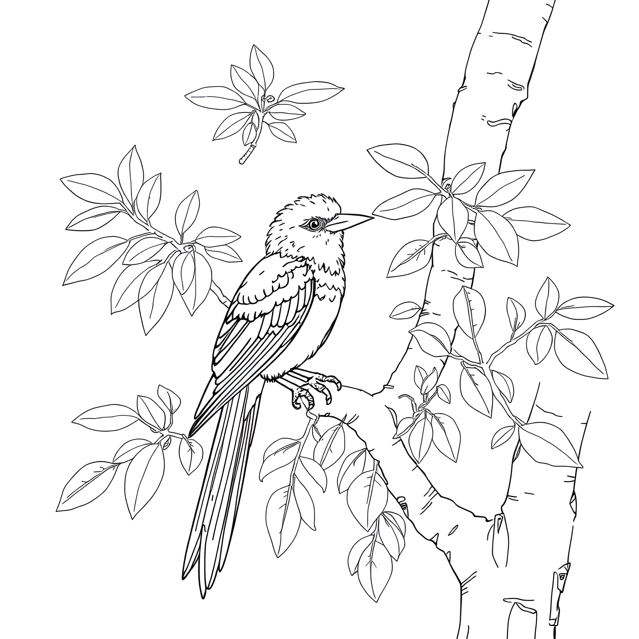 Passerina bird perched on floral branch Coloring Page (free black-and-white line drawing printable PDF for all, from beginners to advanced learners, including children, teens, adults, and seniors)