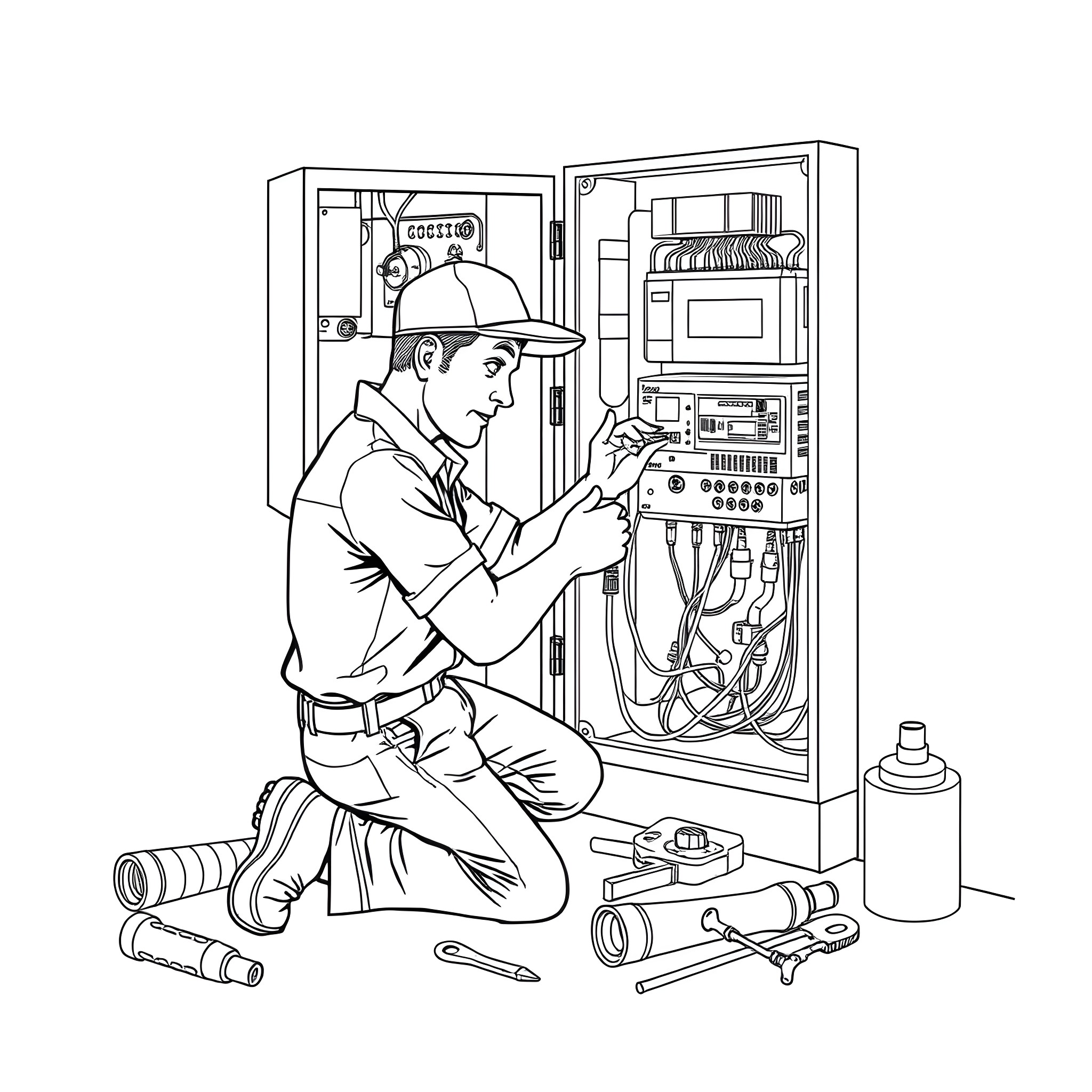 Plumber repairing electrical panel in residential setting Coloring Page (free black-and-white line drawing printable PDF for all, from beginners to advanced learners, including children, teens, adults, and seniors)