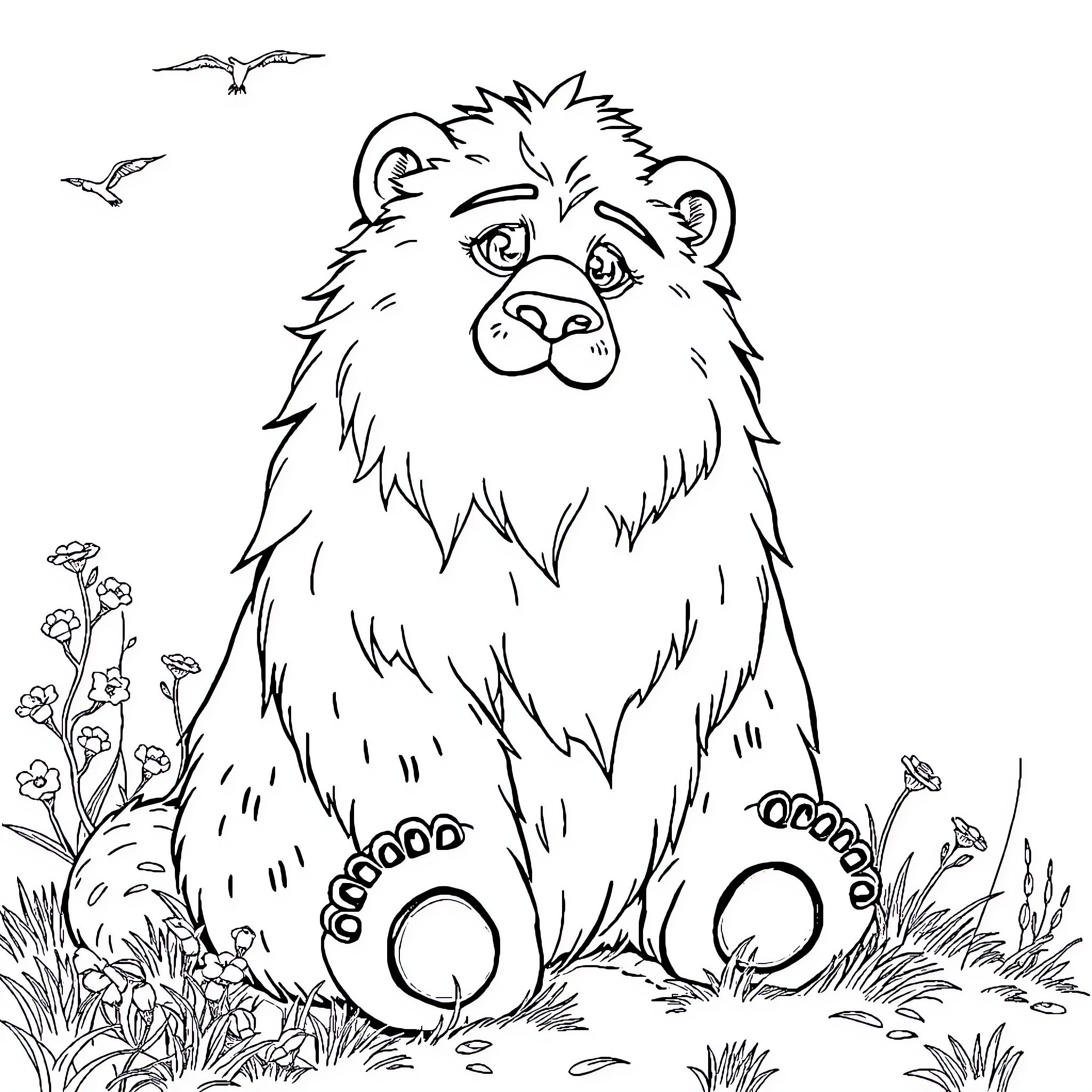 Bear exploring the wilderness with birds Coloring Page (free black-and-white line drawing printable PDF for all, from beginners to advanced learners, including children, teens, adults, and seniors)