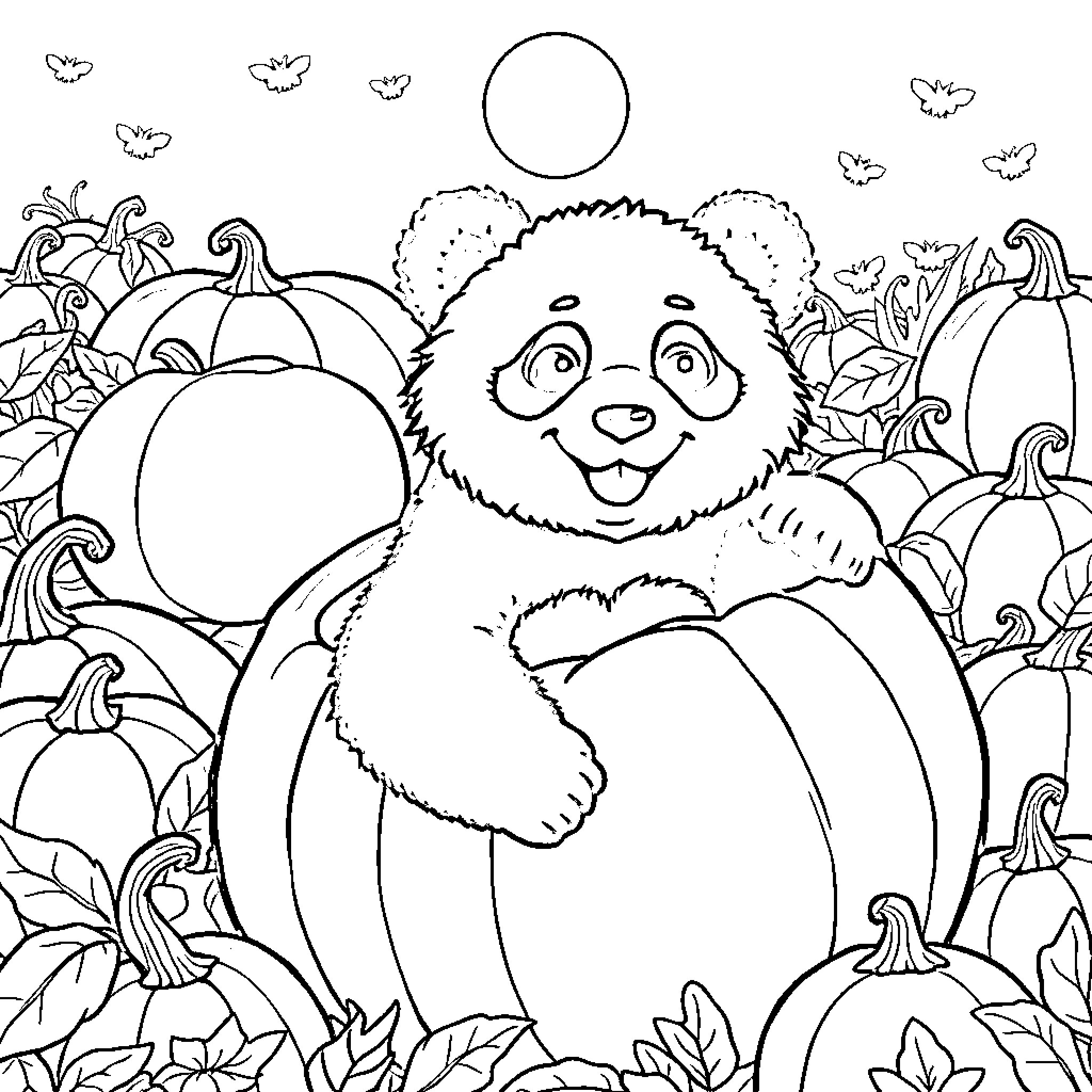Panda enjoying autumn pumpkins and butterflies Coloring Page (free black-and-white line drawing printable PDF for all, from beginners to advanced learners, including children, teens, adults, and seniors)