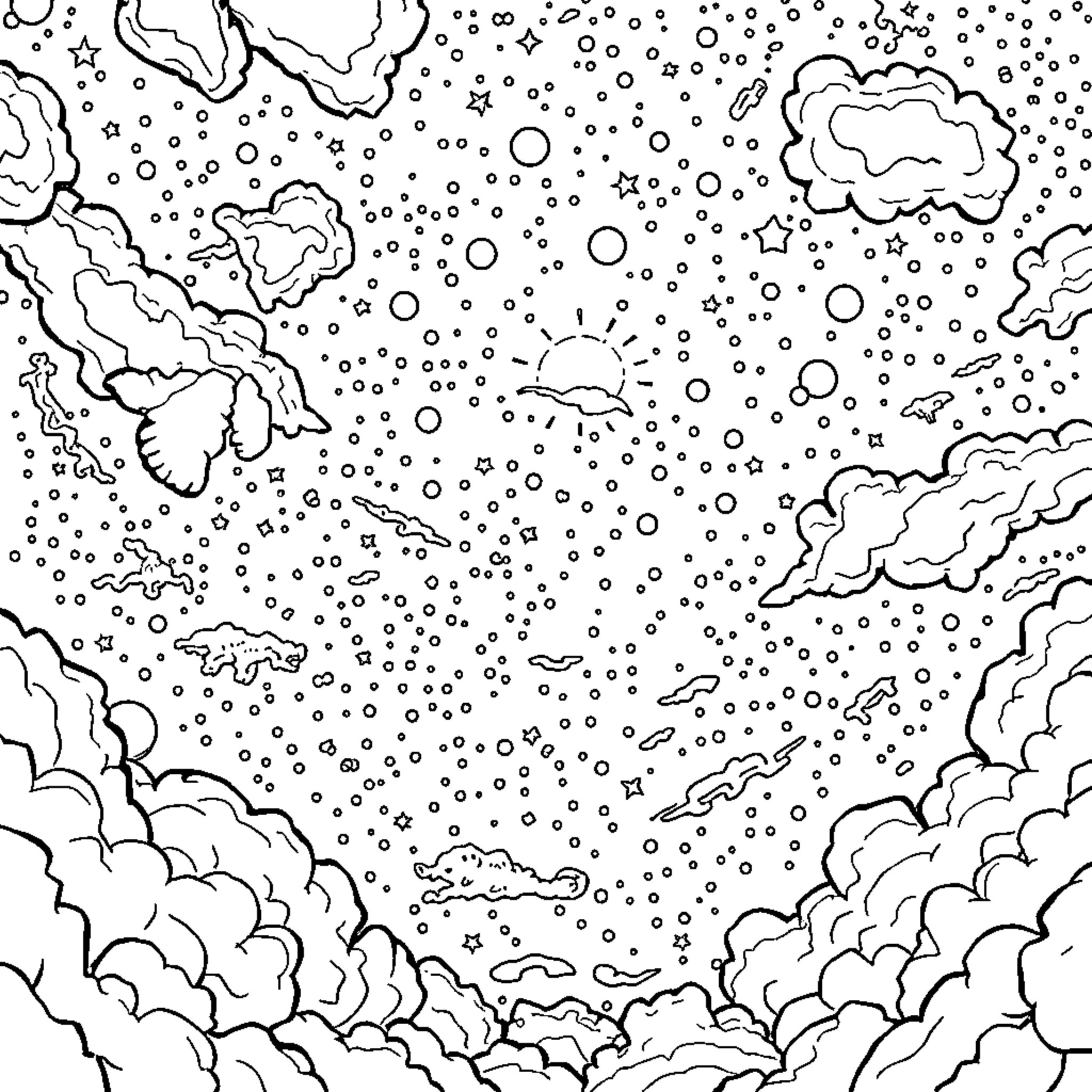 Sky filled with whimsical clouds and twinkling stars Coloring Page (free black-and-white line drawing printable PDF for all, from beginners to advanced learners, including children, teens, adults, and seniors)