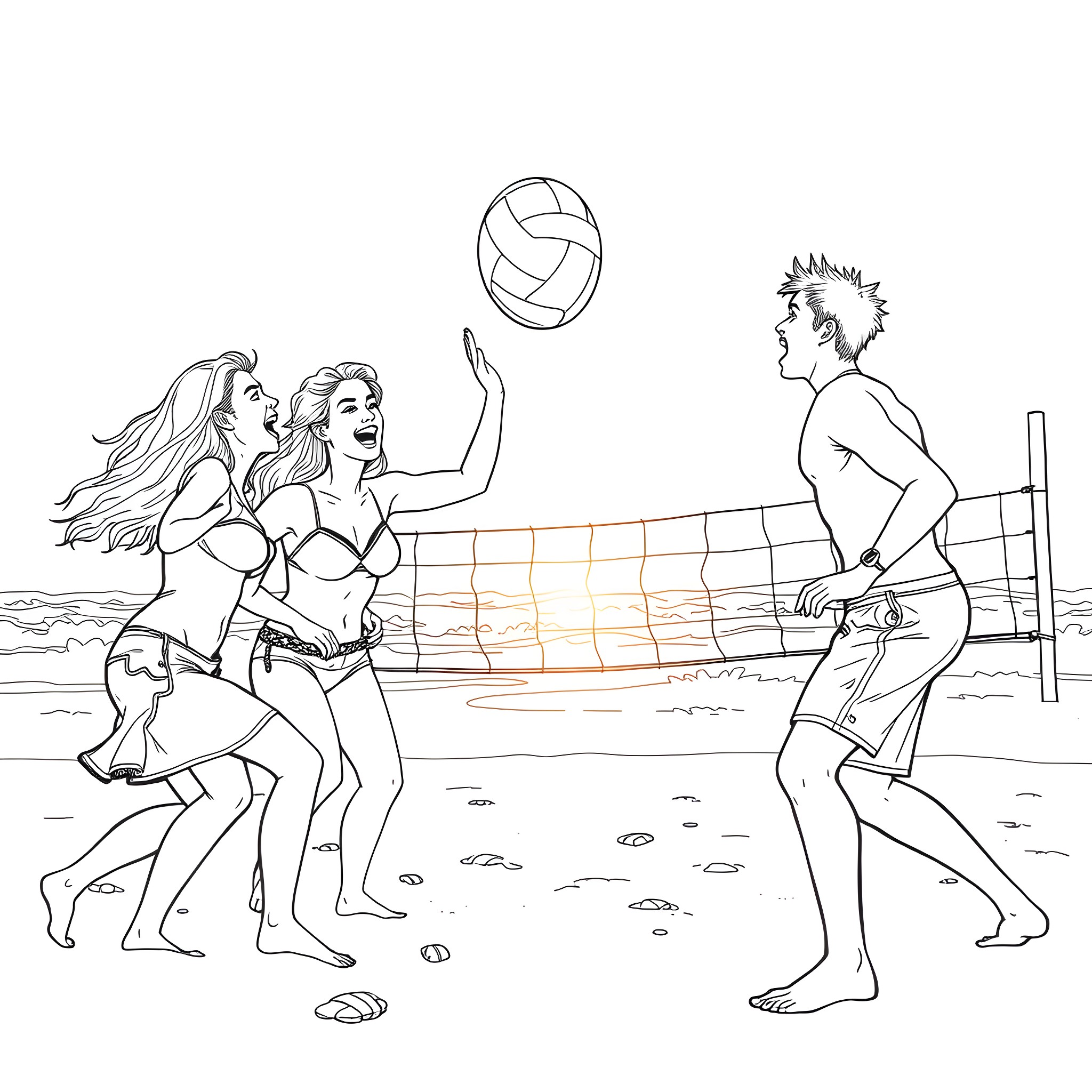 Colleague playing beach volleyball on the shore Coloring Page (free black-and-white line drawing printable PDF for all, from beginners to advanced learners, including children, teens, adults, and seniors)
