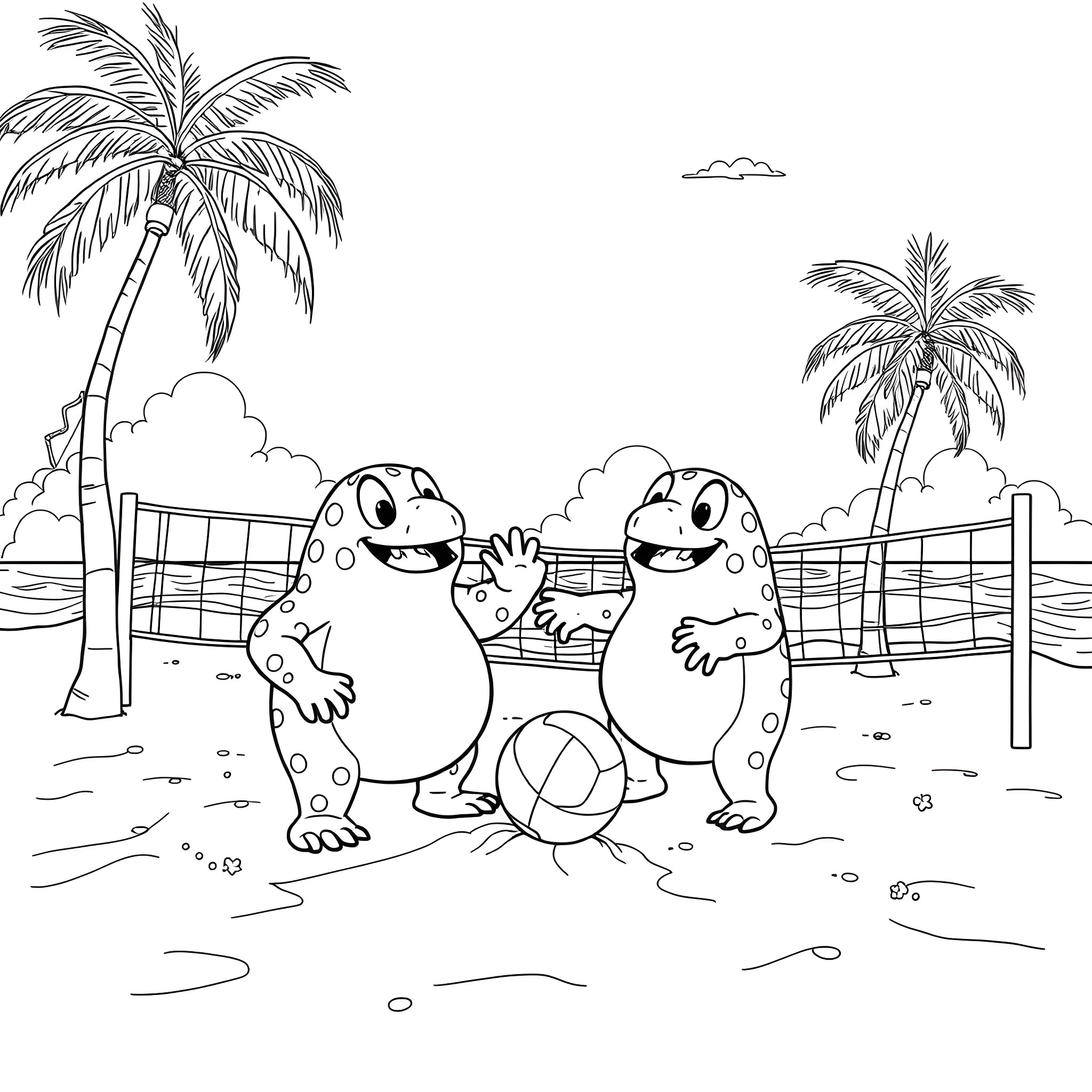 Dugtrio playing happily on the beach Coloring Page (free black-and-white line drawing printable PDF for all, from beginners to advanced learners, including children, teens, adults, and seniors)