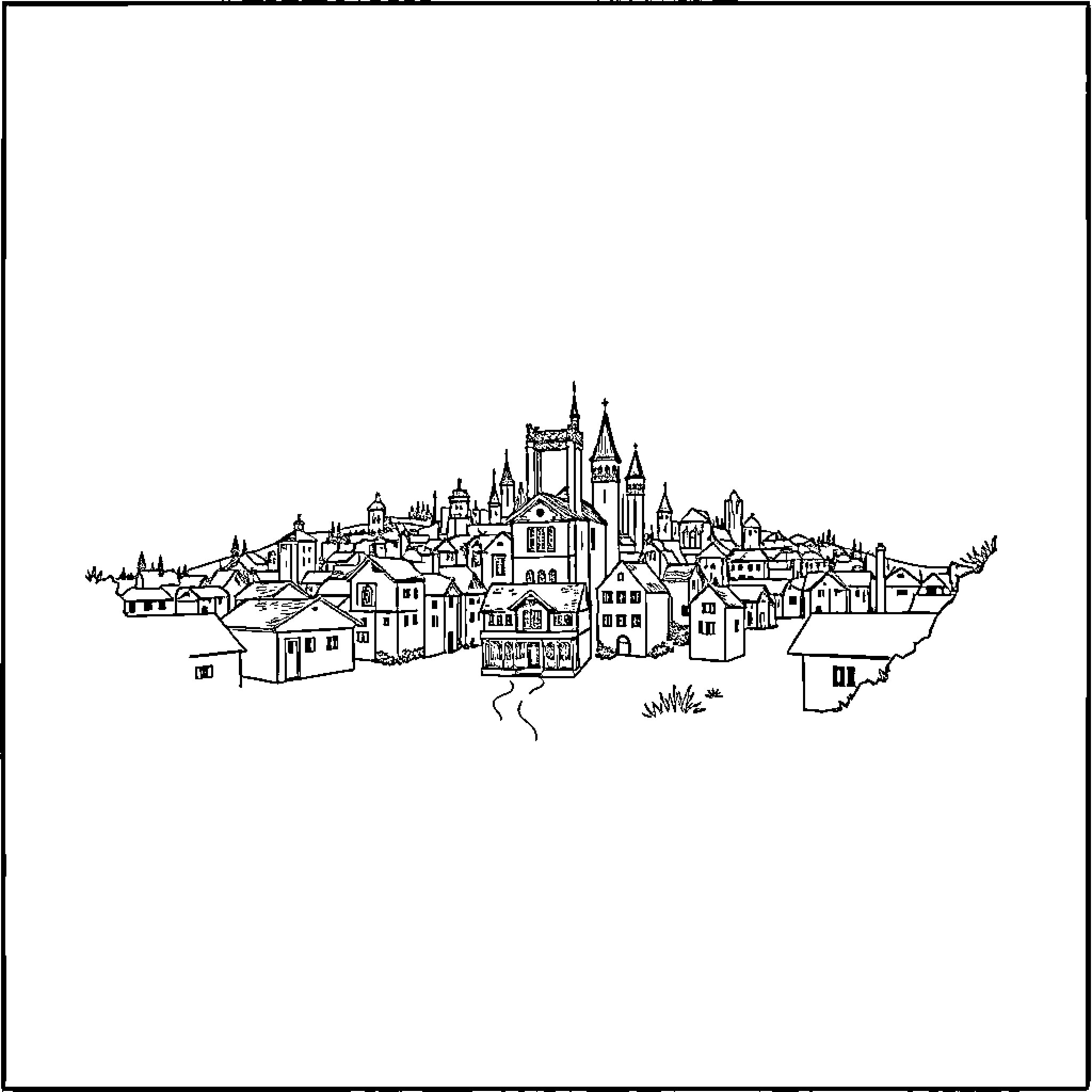 Hill with Detailed City Skyline Coloring Page (free black-and-white line drawing printable PDF for all, from beginners to advanced learners, including children, teens, adults, and seniors)