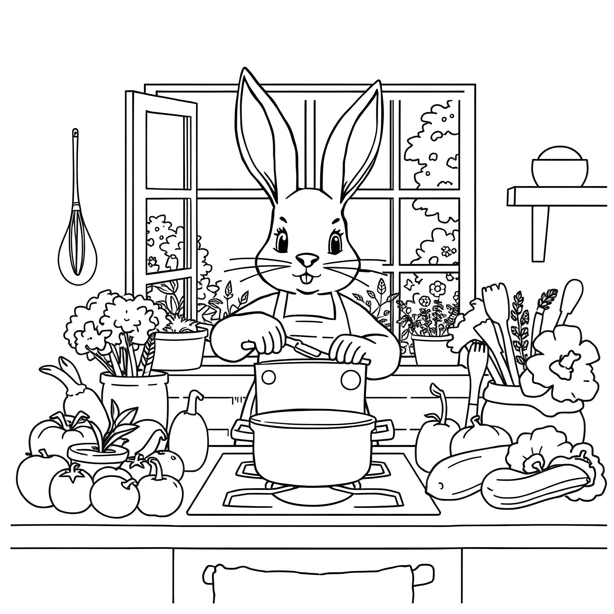 Bunny cooking happily in the kitchen Coloring Page (free black-and-white line drawing printable PDF for all, from beginners to advanced learners, including children, teens, adults, and seniors)