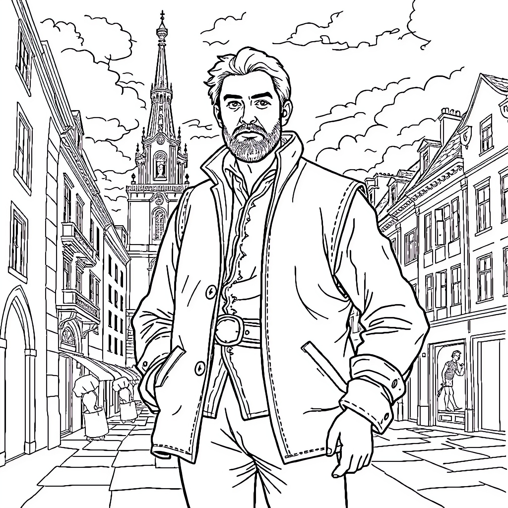 Frédéric Vuillaume strolling through a historic European city Coloring Page (free black-and-white line drawing printable PDF for all, from beginners to advanced learners, including children, teens, adults, and seniors)