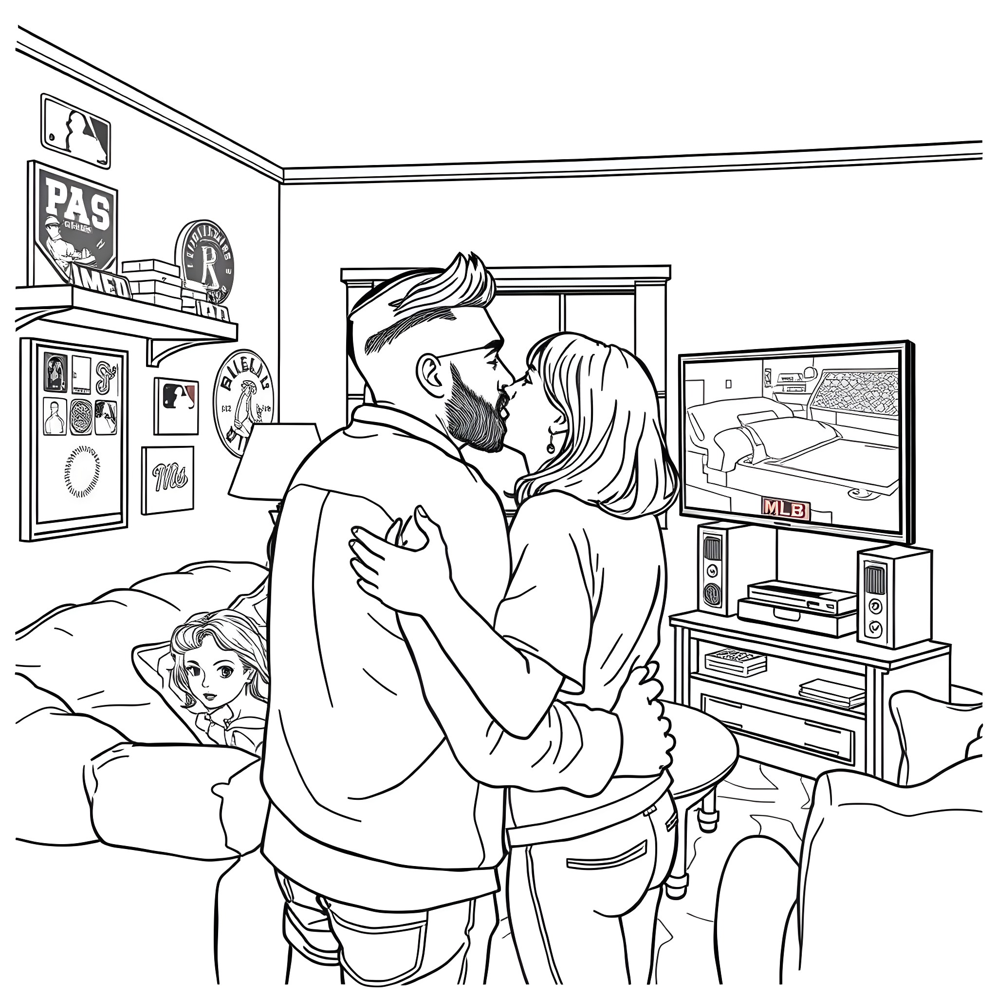 Couple cuddling affectionately in front of TV at home Coloring Page (free black-and-white line drawing printable PDF for all, from beginners to advanced learners, including children, teens, adults, and seniors)