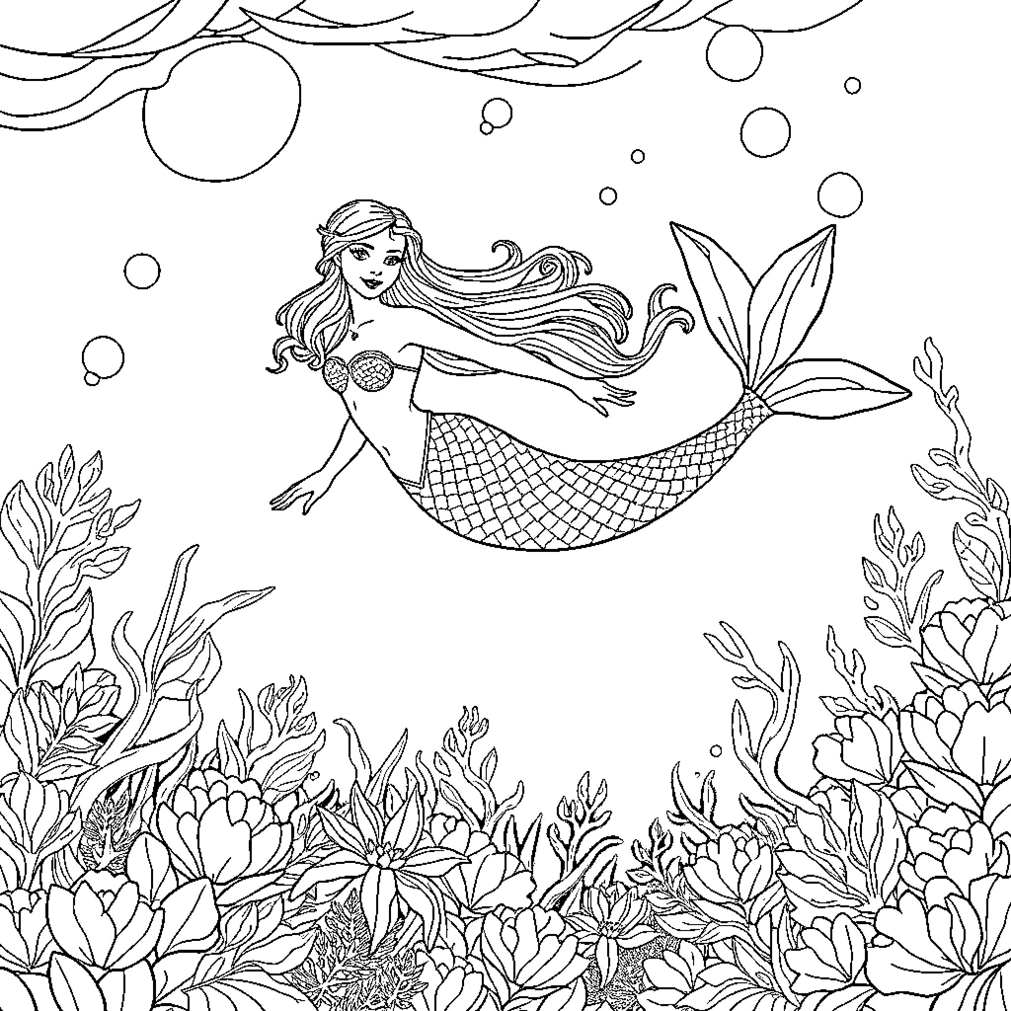 Mermaid exploring underwater marine life Coloring Page (free black-and-white line drawing printable PDF for all, from beginners to advanced learners, including children, teens, adults, and seniors)