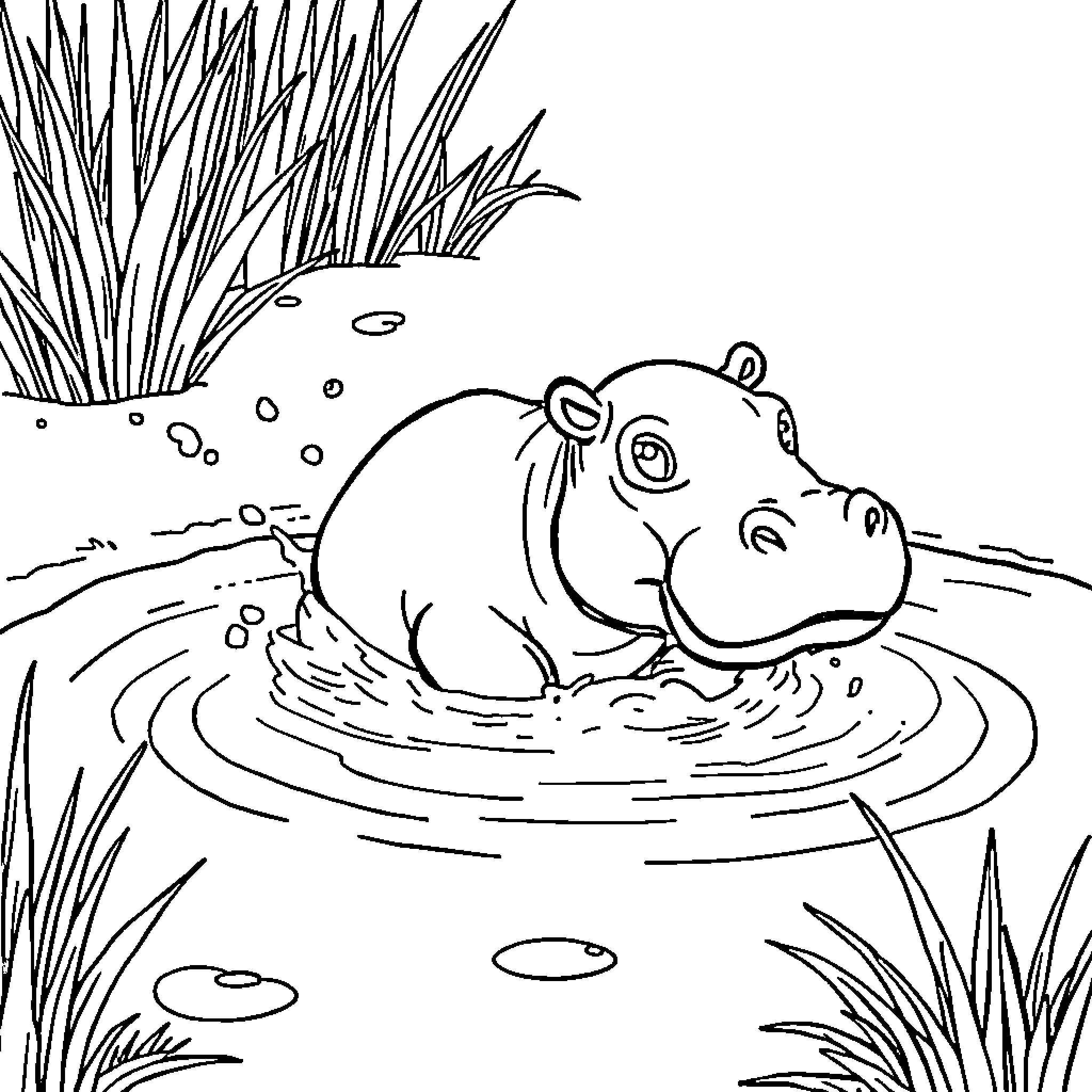 Hippo relaxing in the water Coloring Page (free black-and-white line drawing printable PDF for all, from beginners to advanced learners, including children, teens, adults, and seniors)