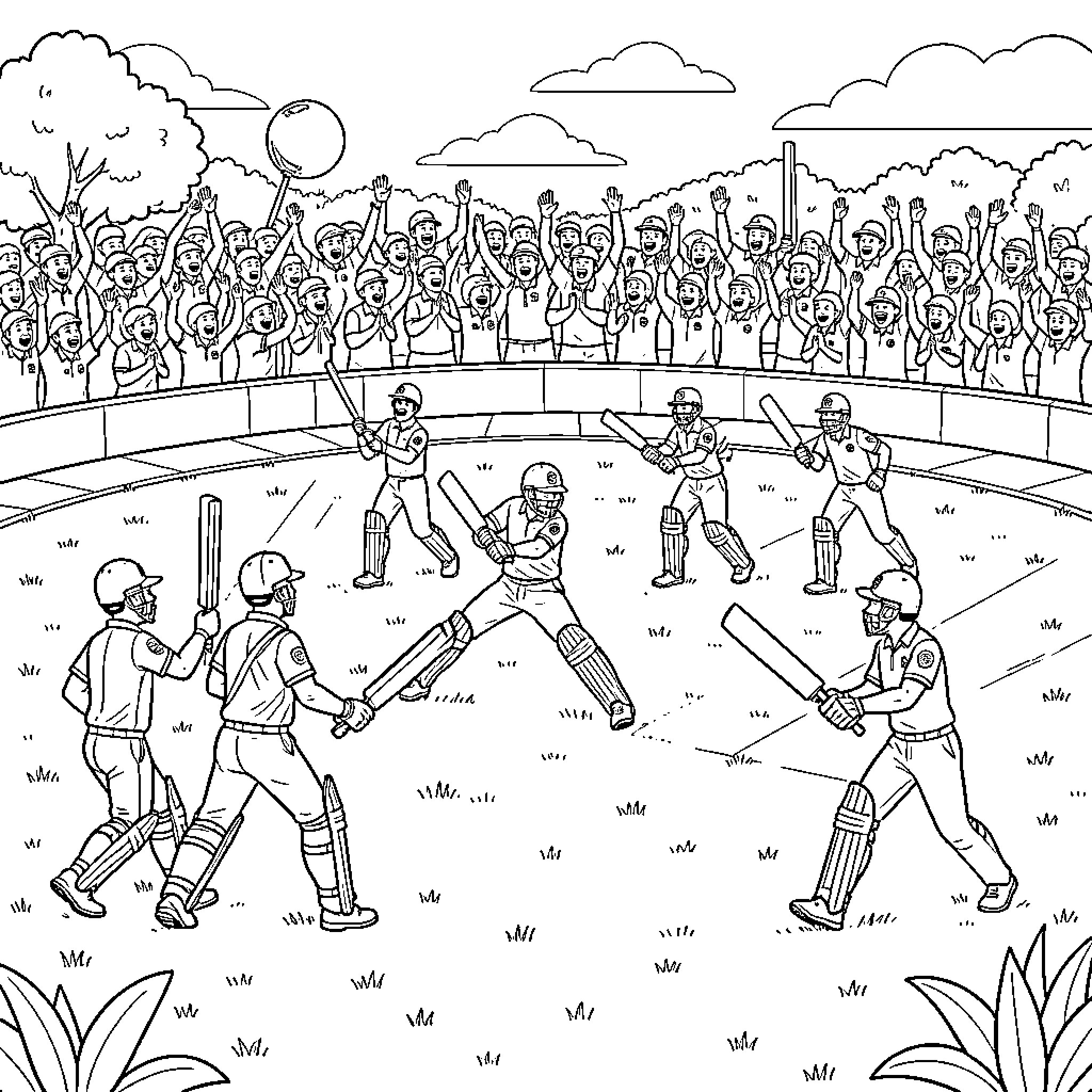 Cricket players batting during an exciting stadium match Coloring Page (free black-and-white line drawing printable PDF for all, from beginners to advanced learners, including children, teens, adults, and seniors)